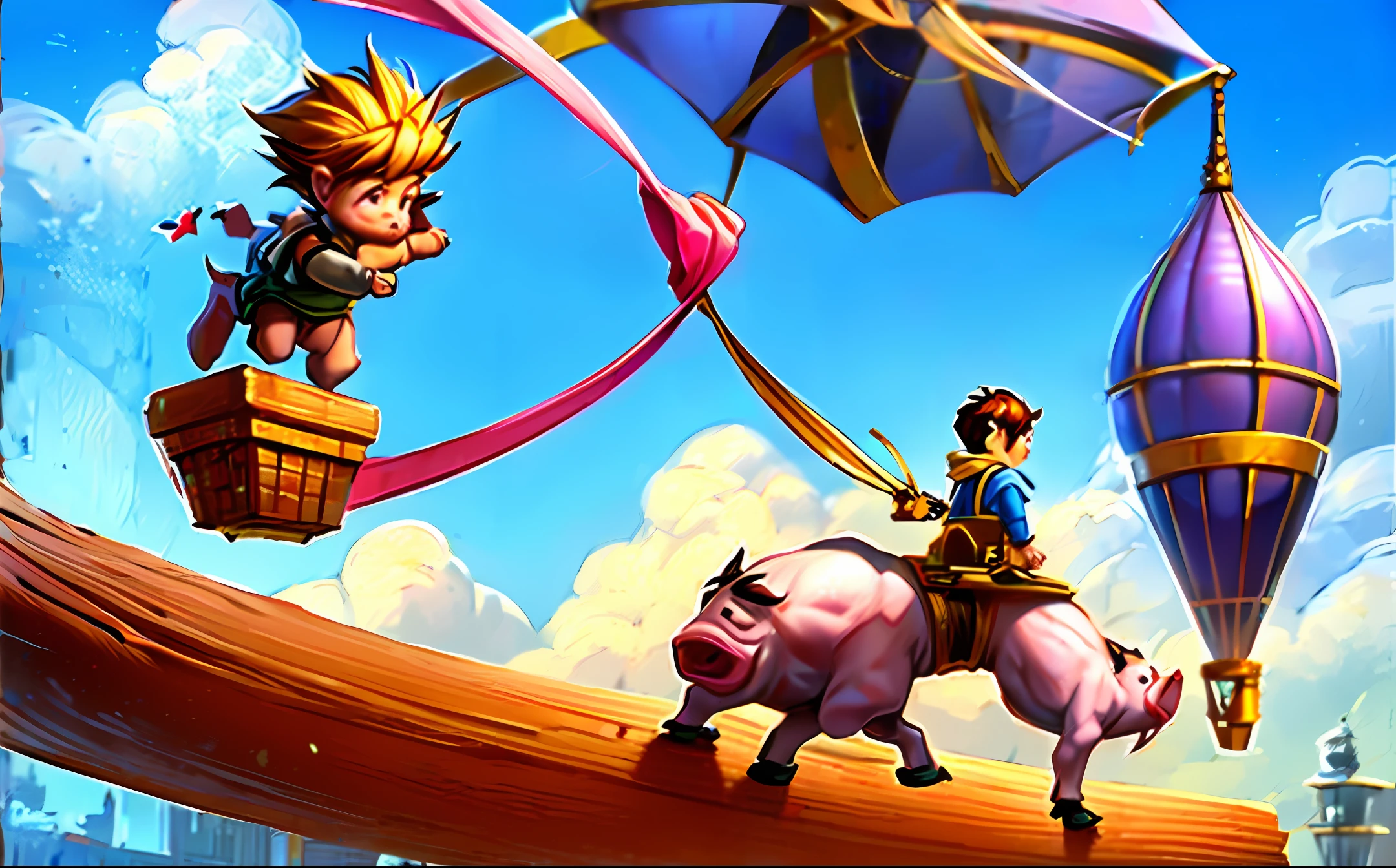  riding a piglet holding a small kite in a tall building
