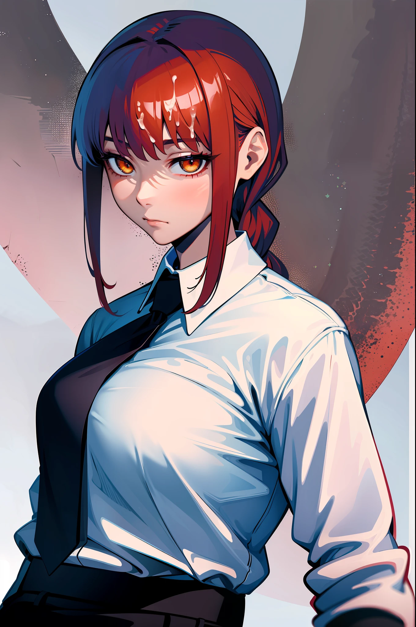 (masterpiece, best quality:1.2), solo, 1girl, portrait, upper body, makima, expressionless, closed mouth, looking at the viewer, red hair, braided ponytail, ringed eyes, formal, cum on the ass, a lot of cum, cum, collared shirt, black tie, black pants,