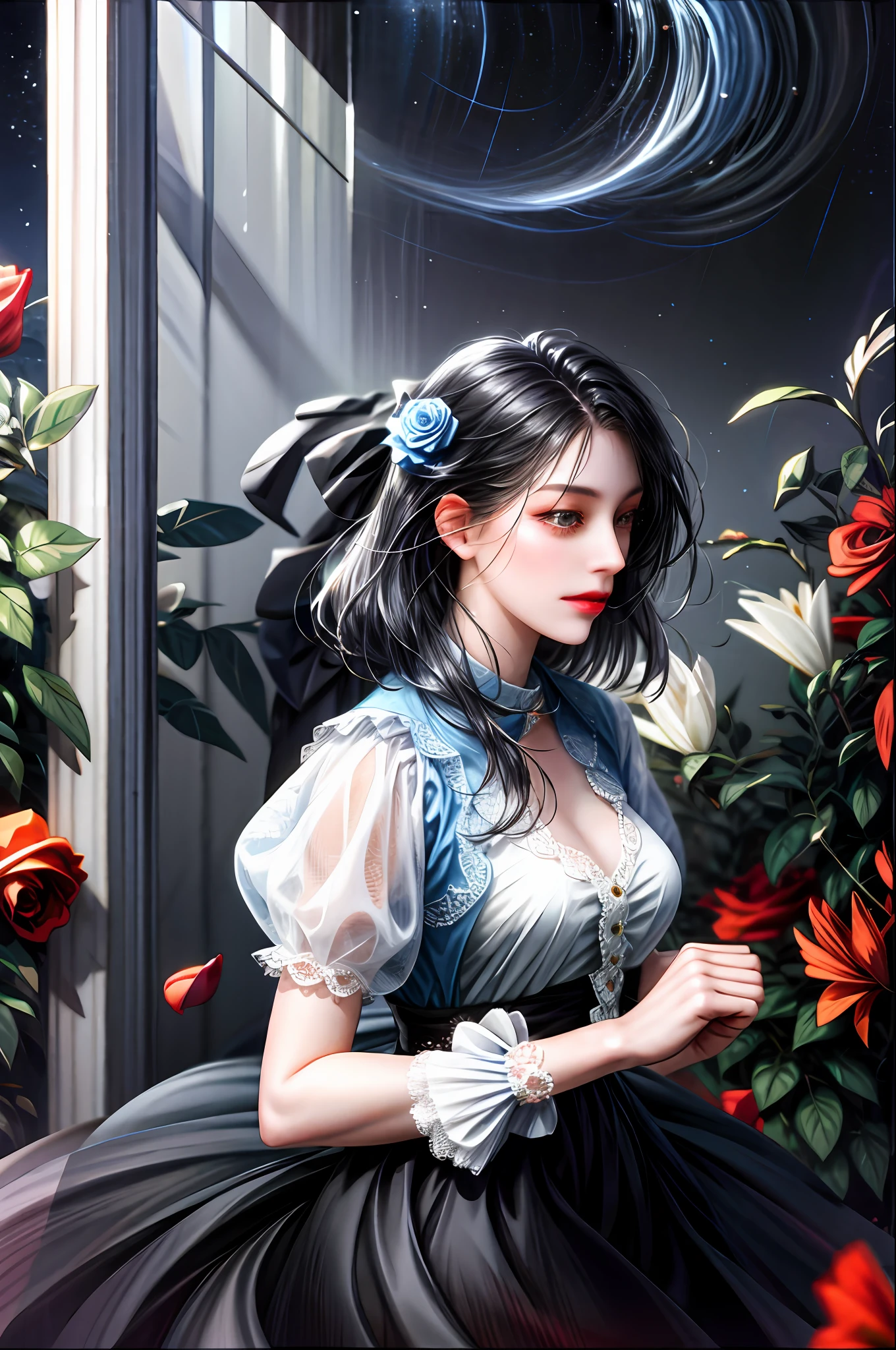 Black-haired girl dancing alone in the moonlight surrounded by flowers like roses
