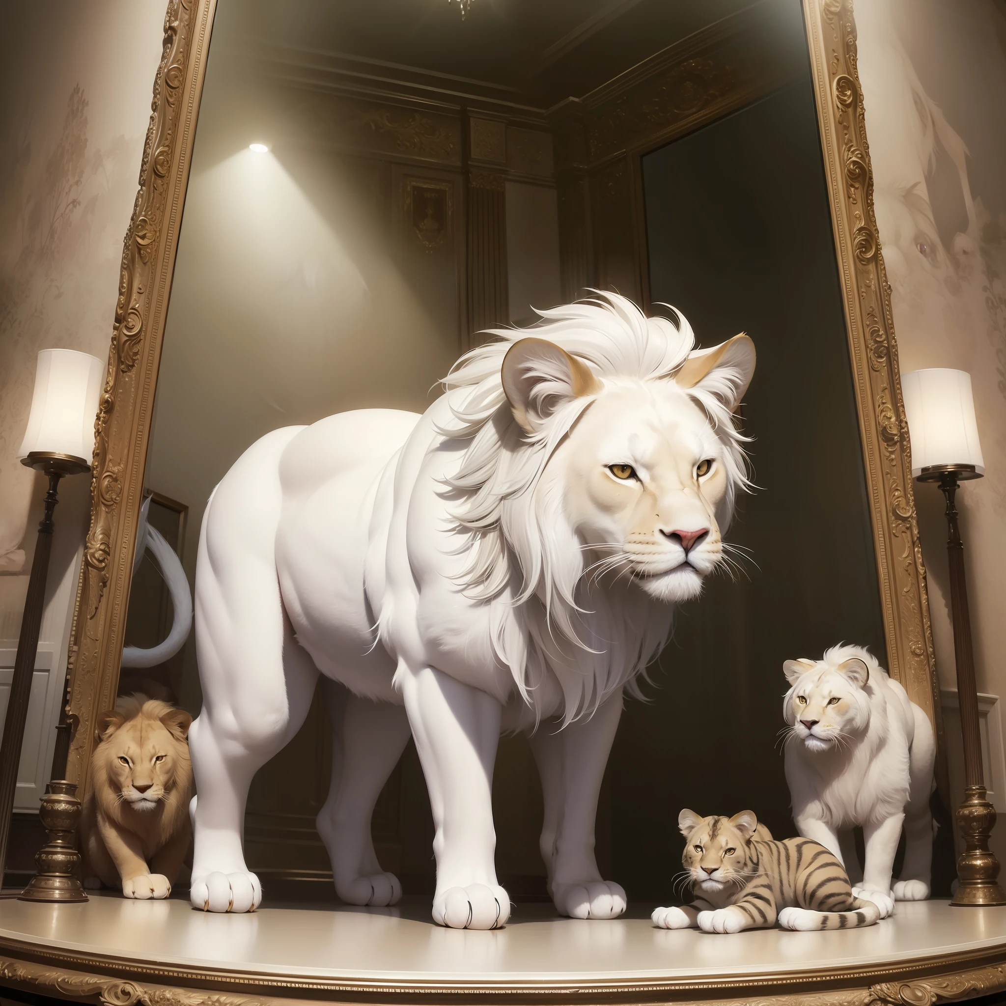 Puppy cat sitting on its back looking at a large mirror, being reflected a lion with white hair with penetrating and deep gaze, hyper-realism, and a dark environment, with few lights, with gothic themes