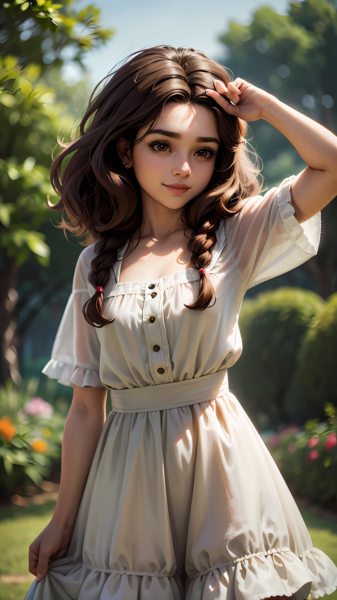 3D a is balançando na arvore, (((solo))), telegram sticker, no parque, creating a soft, long dress female, (((retrato realismo))), (girl afro-americana) (((brown hair))), (((close-up afeições faciais detalhadas: 1.15))), (((cabelos mega hair))), freedom, profile image, standing confidently, she is the center of the garden, smiling face, listing image, 8k, dreams --auto --s2