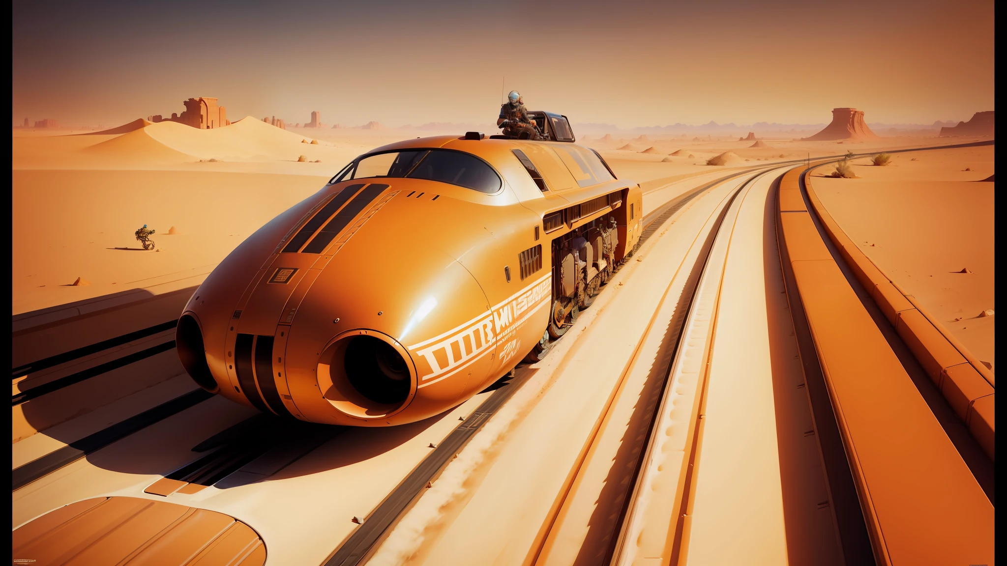 there is a man riding a train on a track in the desert, syd mead and mark brooks, 70mm imax, 2 0 2 1 cinematic 4 k framegrab, kaladesh concept art. mechanical, 2009 cinematography, by David A. Hardy, cute future vehicles, mit technology review, agile, race, elon musk as slimy mollusk
