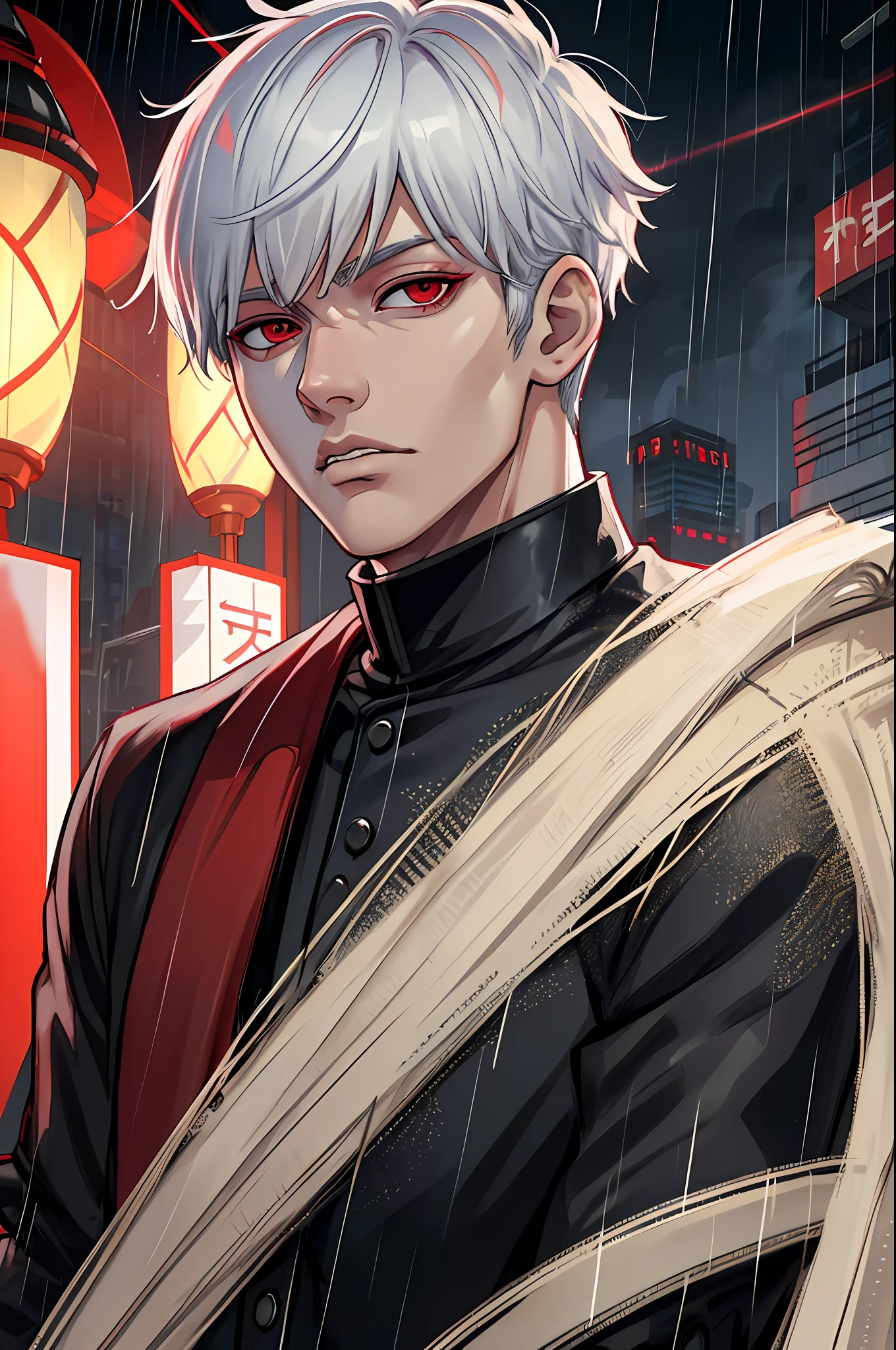 kk, better quality, more details, masterpiece, 1boy, kaneki ken, portrait, male focus, red eyes, solo, bangs, looks at the viewer, short hair, rain, tokyo (city), white hair, luxurious, 8k, detailed, ray tracing, depth of field, cinematic lighting,