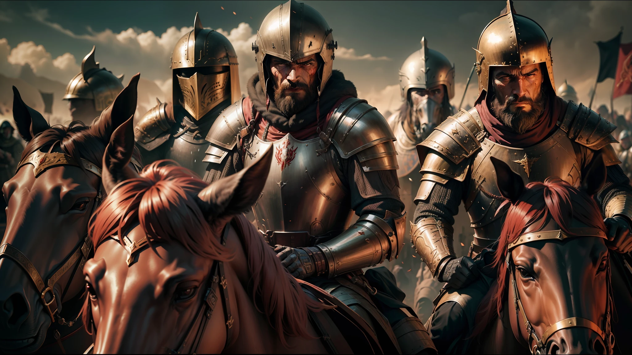 there are many men in armor riding horses in a row, unsplash 4k, blood and dust in the air, mead, narval, cinematic , - h 7 6 8, by Arthur Sarkissian, bloodthirsty, by Ferdynand Ruszczyc, \'obey\'