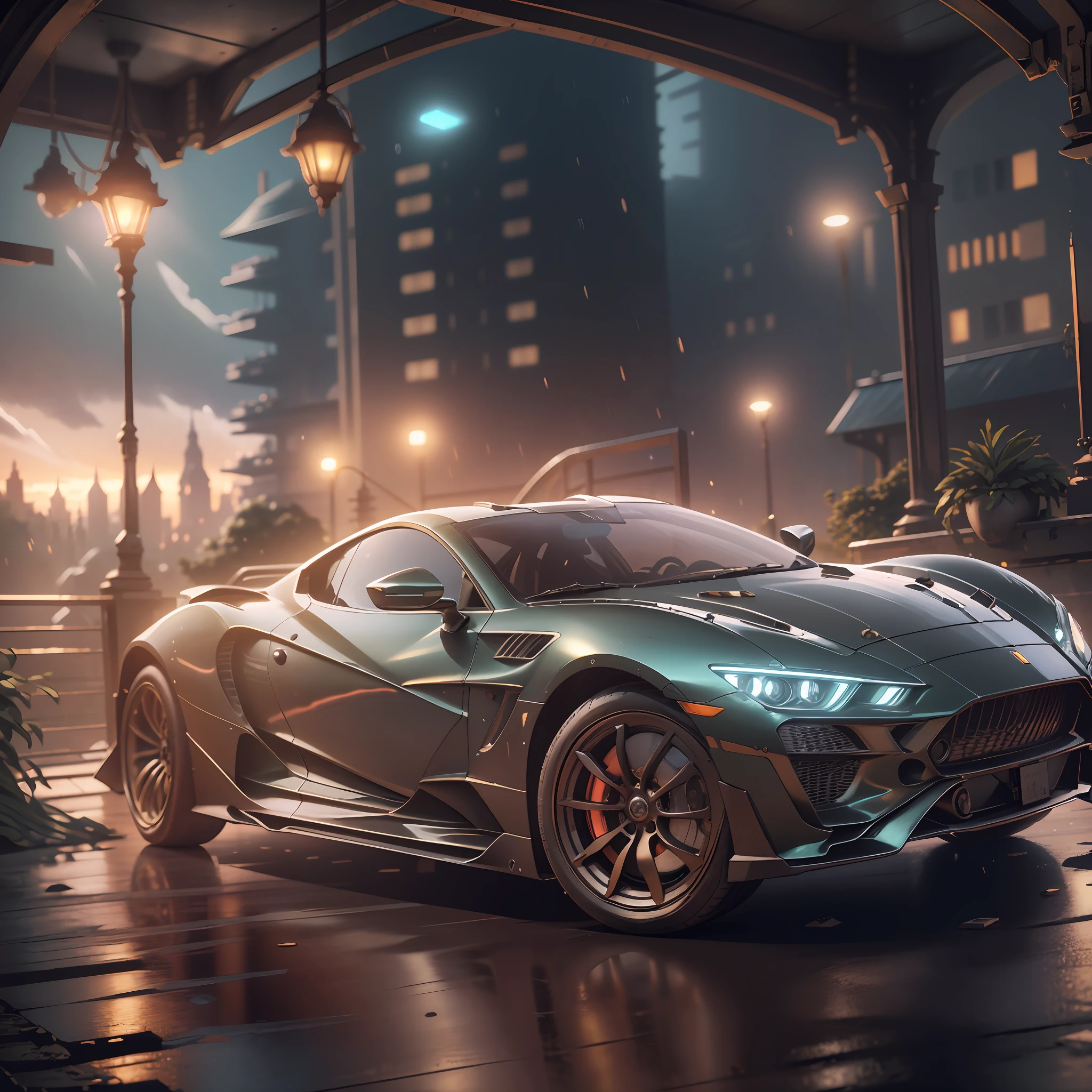 professional detailed photo (best quality, masterpiece:1.2), photorealistic, (ambient light:1.3), (cinematic composition:1.2), 8k, hdr, ultra high res, Exquisite details and textures, sportscar, supercar, tail lights, sunset, street view, skyscrapers, skylines, cyberpunk, neon lights, clouds, raining, wet floor, reflection, dusty air, light particles, ray of lights, detailed background, depth of field, professional lighting, photon mapping, radiosity, physically-based rendering --auto --s2