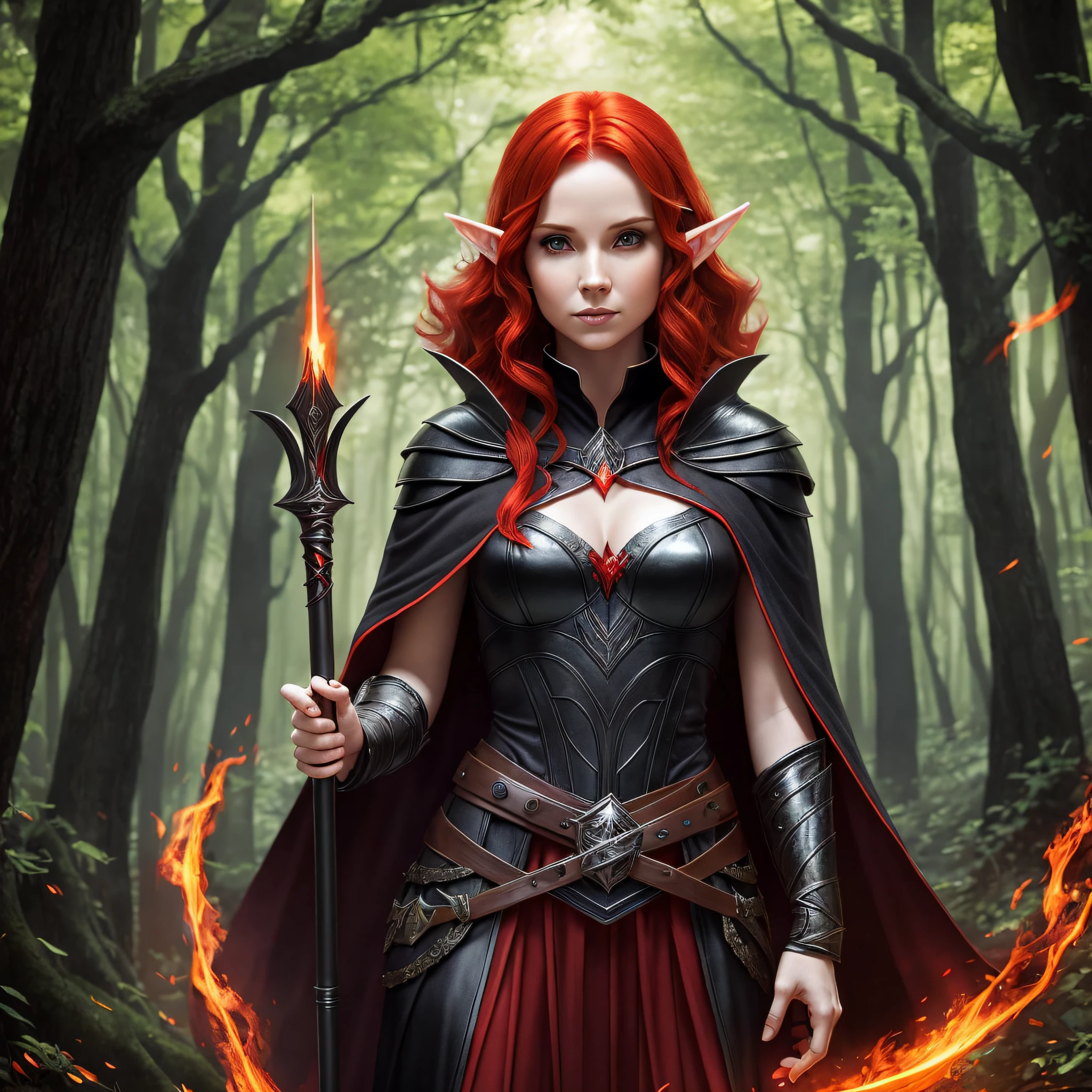 Elf, red hair, short staff, sorceress, long cape, reality black cape, forest, black armor, magic, shining staff, short hair, magic around, magic behind. fireball, SHORT HAIR