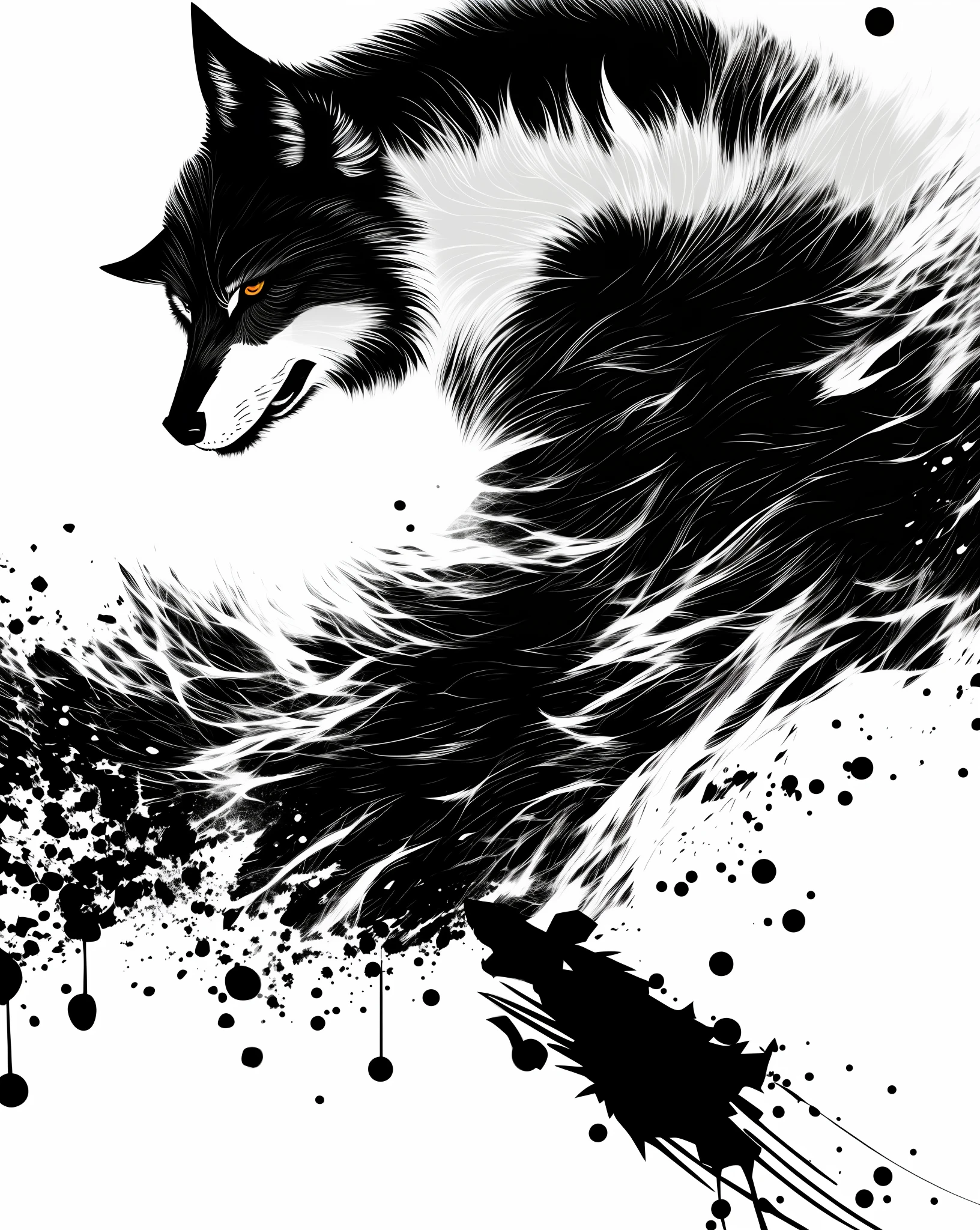 a close up of a wolf with a splaty background, fenrir, black wolf, high contrast illustration, half wolf, wolf, 4k art, 4 k manga wallpaper, grim - wolf, inspired by Nōami, wallpaper 4k, wallpaper 4 k, wallpaper art, sumi ink style, anime art wallpaper 4 k, anime art wallpaper 4k
