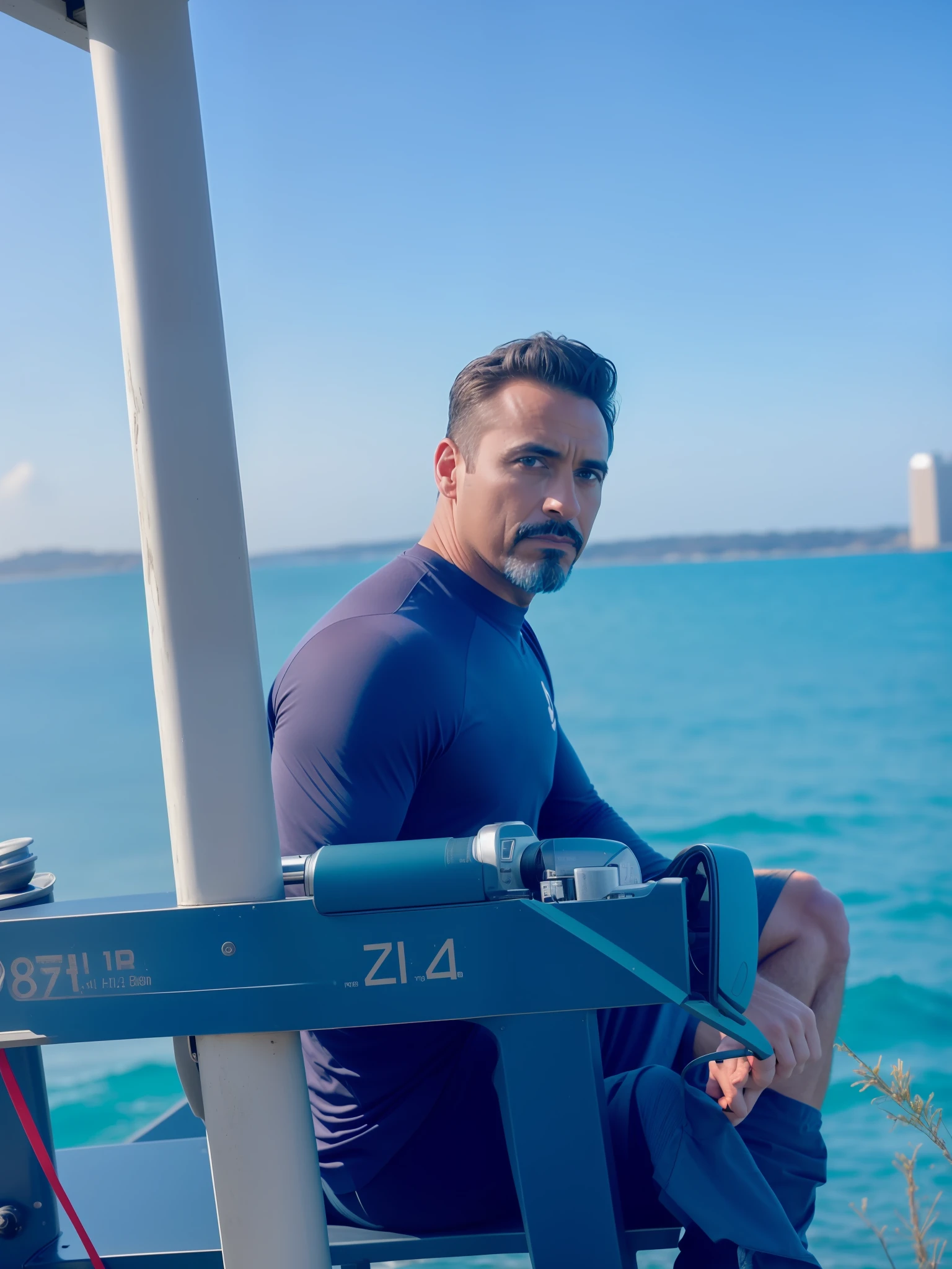Remove Beard. very detailed, sony A7iii, 85mm prime, f/1.8, octane render + hyper realistic, photo of iron man, wearing a tight blue t-shirt, outdoors, natural lighting, forty-years-old, forties, attractive, handsome, canon50, kodak ultramax, pexels, unsplash, film grain, ultraskin. black and white photo of 42 year old man in black clothes, black hair, face, half body, body, highly detailed skin, skin pores, coastline, cloudy weather, wind, waves, 8k uhd, Dslr, soft lighting, high quality, film grain, Fujifilm XT3