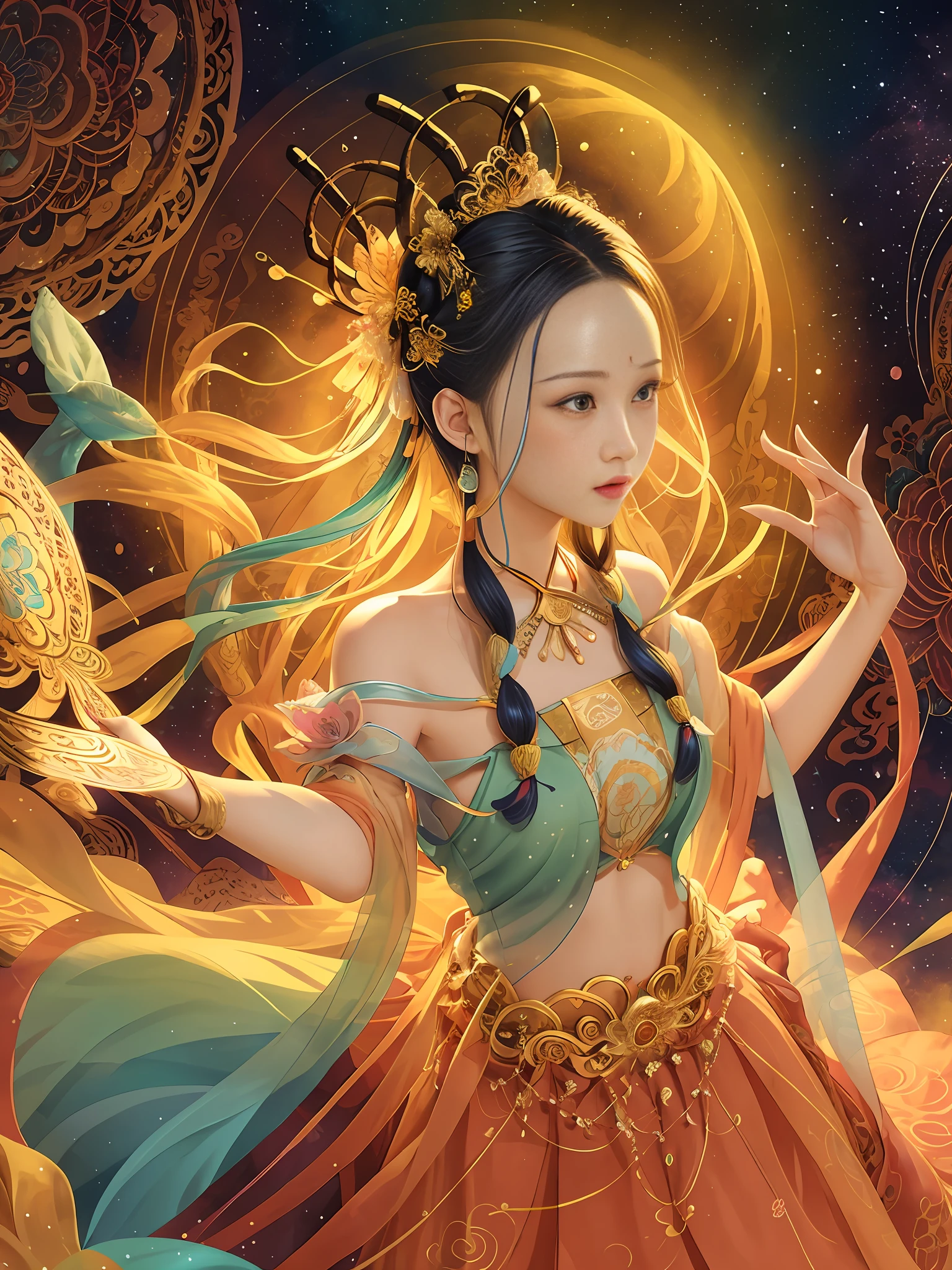 absurd, tall, super detailed, 1 girl, solo, dunhuang, gorgeous, dance, flying, chinese style, dance sleeves, (colorful clouds, colorful halos: 1.3), (forehead markings, hair flowers, hair accessories, jewelry, hair clips, hair rings, tiara, long hair, earrings, (colored long skirt: 1.2), cuffs), fluttering, clear facial features, delicate face, super detailed eyes, flowers, colored eyes, multi-colored hair, portrait (master works: 1.2, best quality), super fine, Ultra-accurate presentation (dynamic pose), color (top to bottom: 1.2), natural light, strong light, sky background, butterfly, Chinese clothing, face markers, hanfu, handheld musical instrument, pipa, long hair, looking at the audience, parted lips, faint smile, solo, bright colors, official art, unified 8k wallpaper, super detailed, beautiful beauty, masterpiece, best quality, (zandeji, mandala, tangles, tangles), extremely detailed, dynamic angles, the most beautiful chaotic forms, elegant, brutalist design, Bright colors, romanticism, atmosphere, ecstatic notes, visible flowing notes, 5 fingers, illusory background, flying ribbon, beautiful sky, bright moon, flying sleeves,