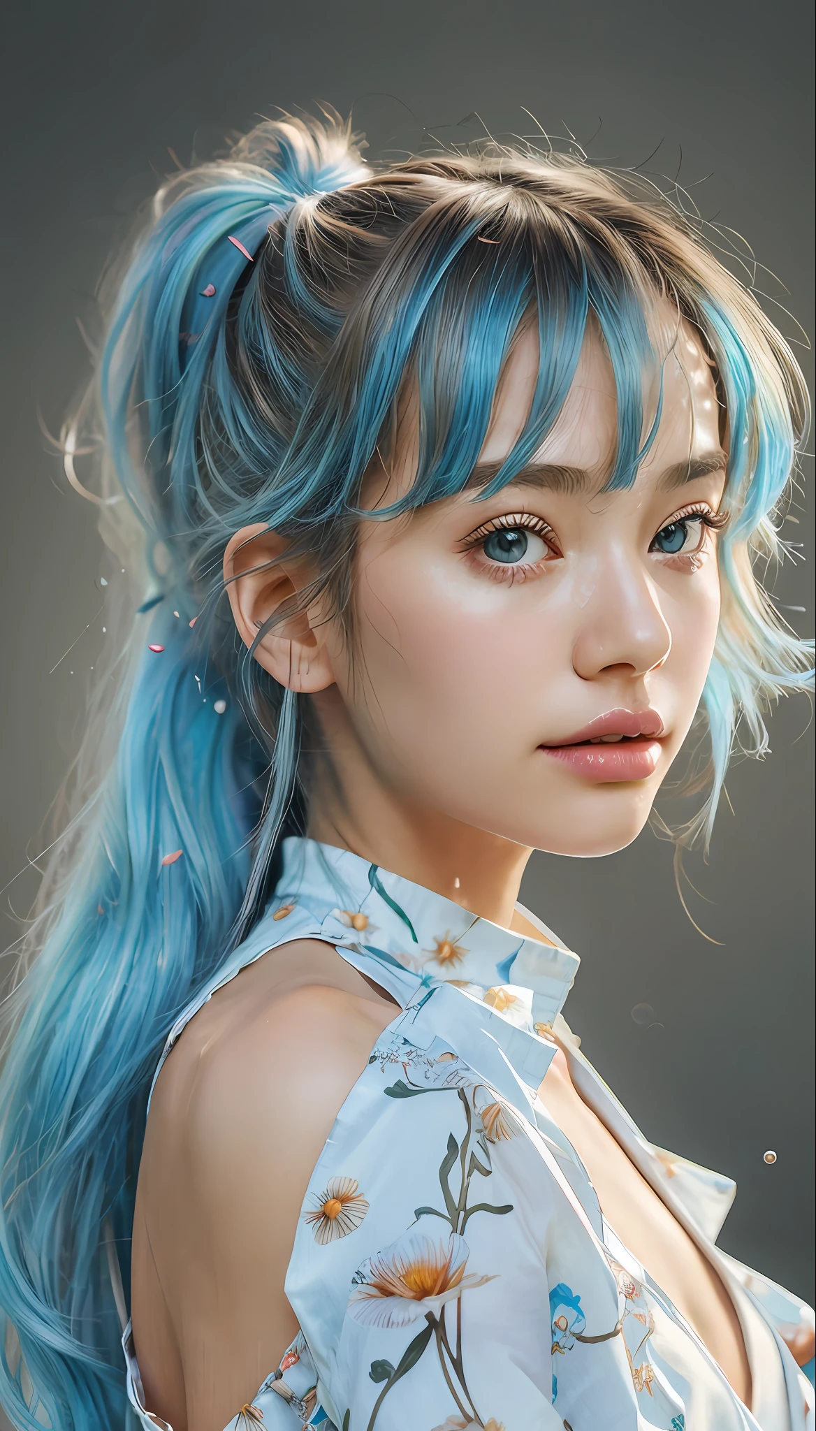 (masterpiece), (best quality), (ultra detailed),(disheveled hair),(illustration), (1girl), (Fashionable clothing), standing, Fashion model, looking at viewer, (interview), (simple background),beautiful detailed eyes, delicate beautiful face, Floating,(high saturation),(colorful splashes),colorful bubble,(shining), focus on face, ponytail, kamisato ayaka, light blue hair, bangs, hair ring, floating flowers, floating hairs, (shining), best lighting, best shadow,