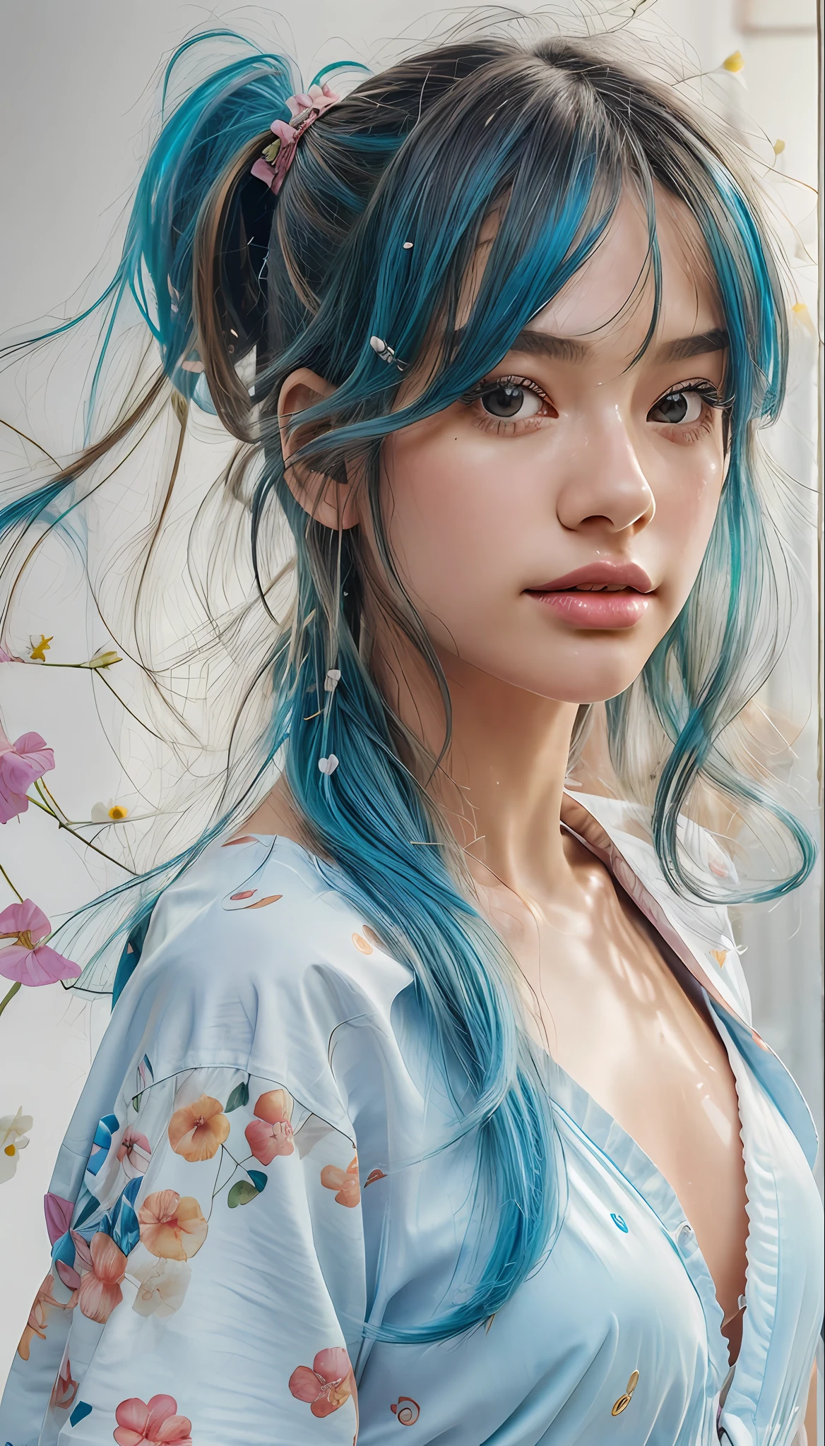 (masterpiece), (best quality), (ultra detailed),(disheveled hair),(illustration), (1girl), (Fashionable clothing), standing, Fashion model, looking at viewer, (interview), (simple background),beautiful detailed eyes, delicate beautiful face, Floating,(high saturation),(colorful splashes),colorful bubble,(shining), focus on face, ponytail, kamisato ayaka, light blue hair, bangs, hair ring, floating flowers, floating hairs, (shining), best lighting, best shadow,