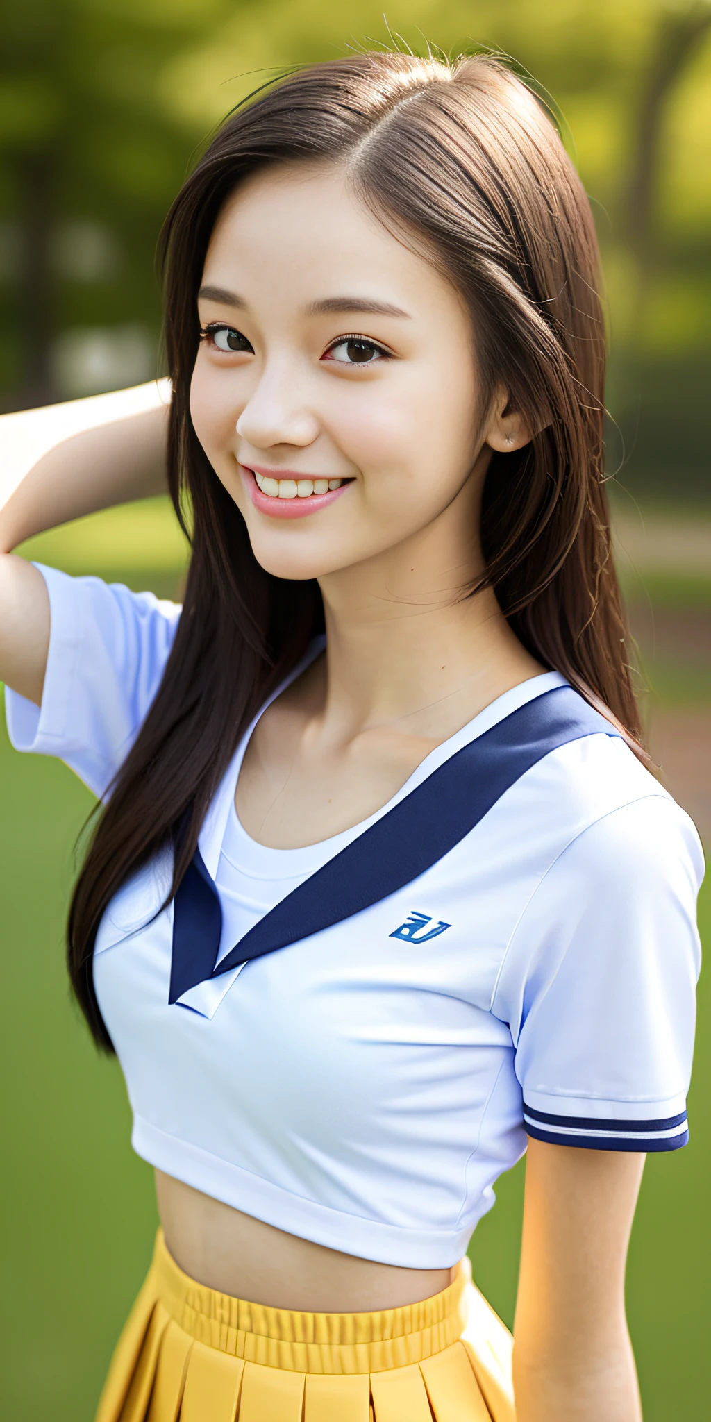 neat college girl, petite, (school uniform, summer clothes, short sleeves), outside the athletic field, (slim), photorealistic, detail, skin texture, ultra detail, delicate sexy collarbone, smile, super detailed face, detailed lips, detailed eyes, breast enhancement, waist thin