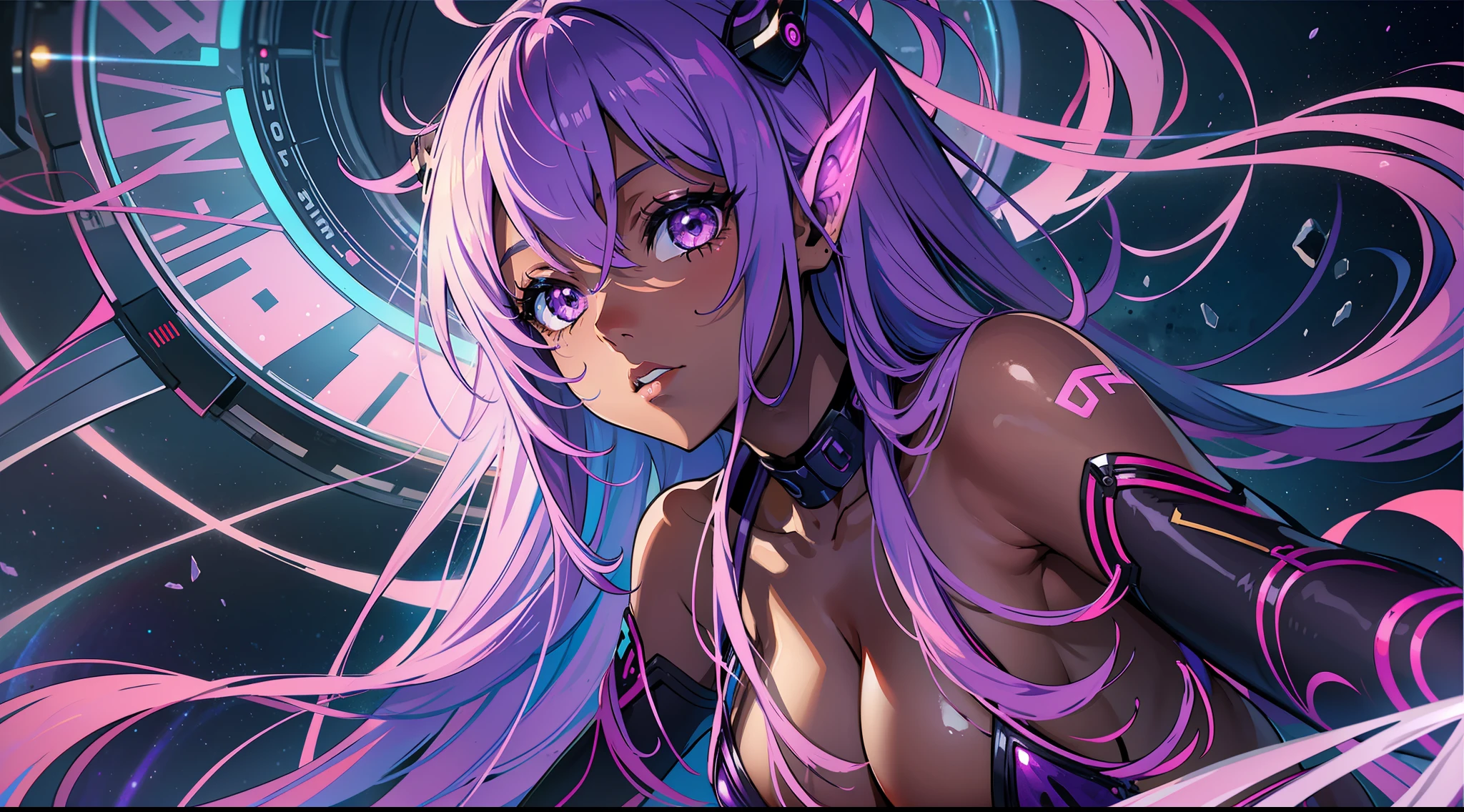 girl, dark skin, dark skin, purple colored eyes, space, purple hair, blue hair, pink hair, long hair, , futuristic
, bold, semi 