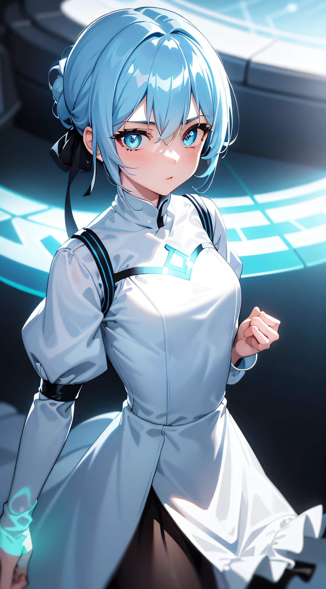 ((masterpiece)), (best quality), (detailed), (1girl), light blue gradient hair, light blue glowing eyes, Updo, wearing a white shirt and black dress, looking down at the viewer