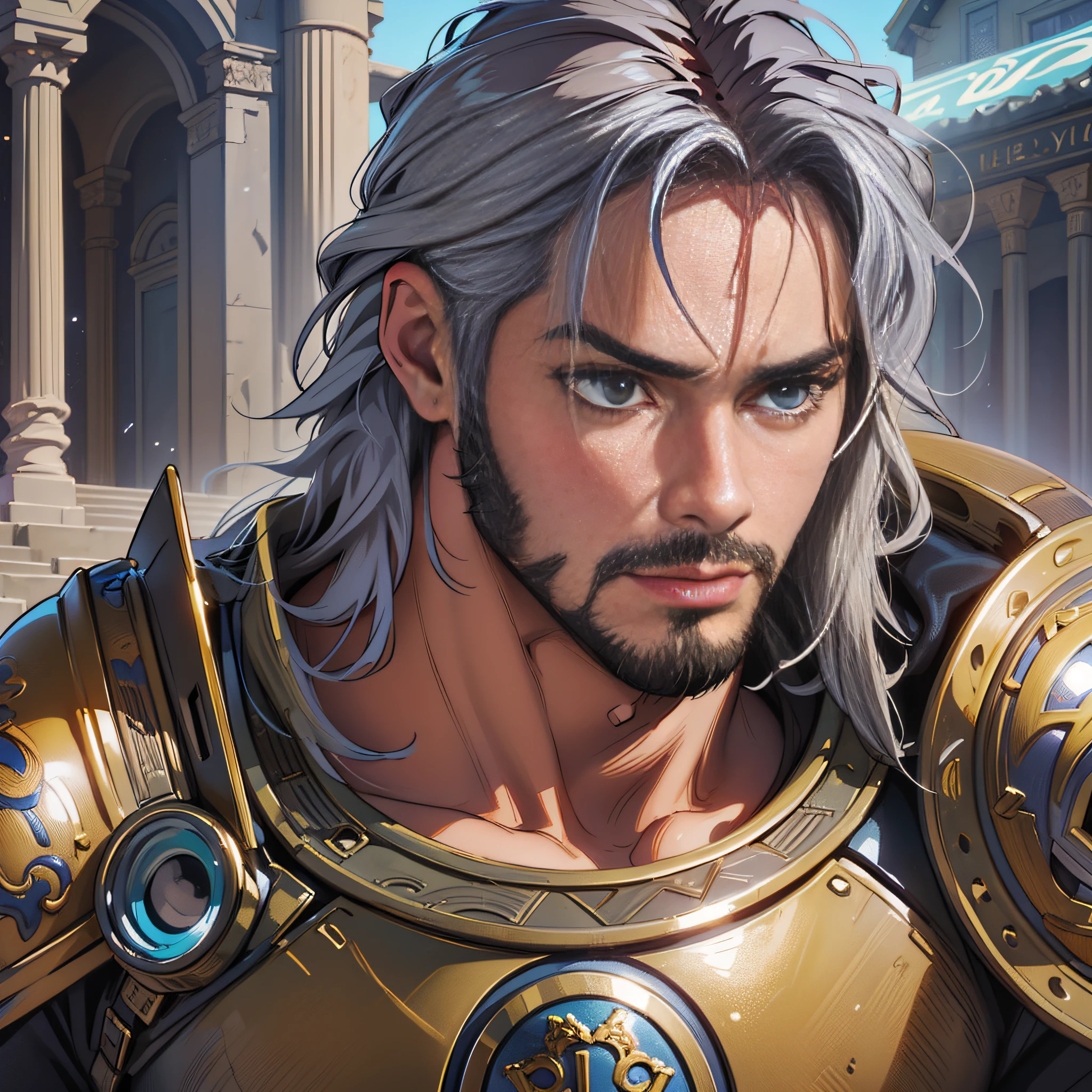 Vertor Art, High Quality, Portrait Rpg, Close-up, Fantastic Art, Keanu Reeves Old Race: Paladin Human Gender: Male Age: 50 years Eye color: Grey Skin color: tan Physique: muscular. Facial features: Peeled, prominent eyebrows and piercing eyes. Expression: Serious look. Hairstyle: Pelo al Raz, Equipment: Metal armor Background: temple of light