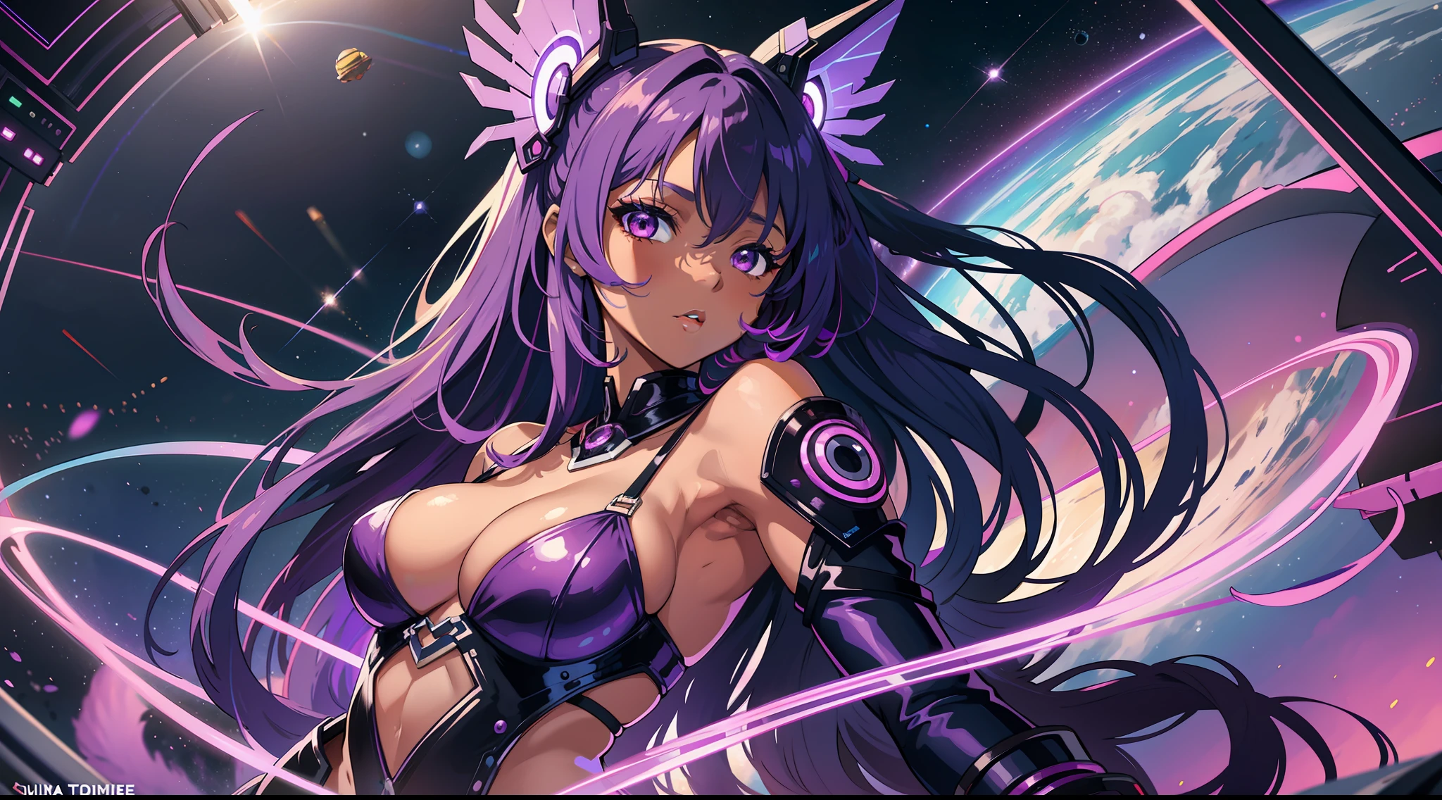 "Girl, dark skin, multicolored purple eyes, sexy lingerie costume in futuristic style, long wavy purple hair, floating elegantly in outer space."