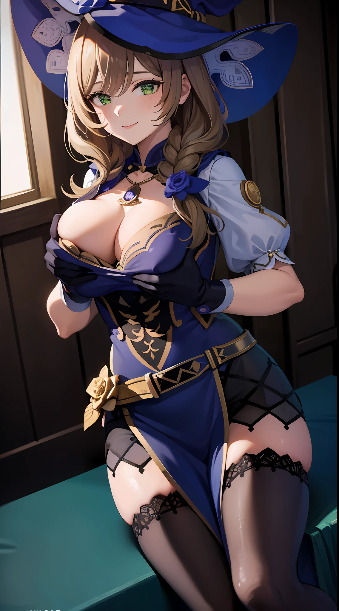 1girl, masterpiece, best quality, medium full shot, cleavage, (grabbing breasts:1.6), sexy, smiling