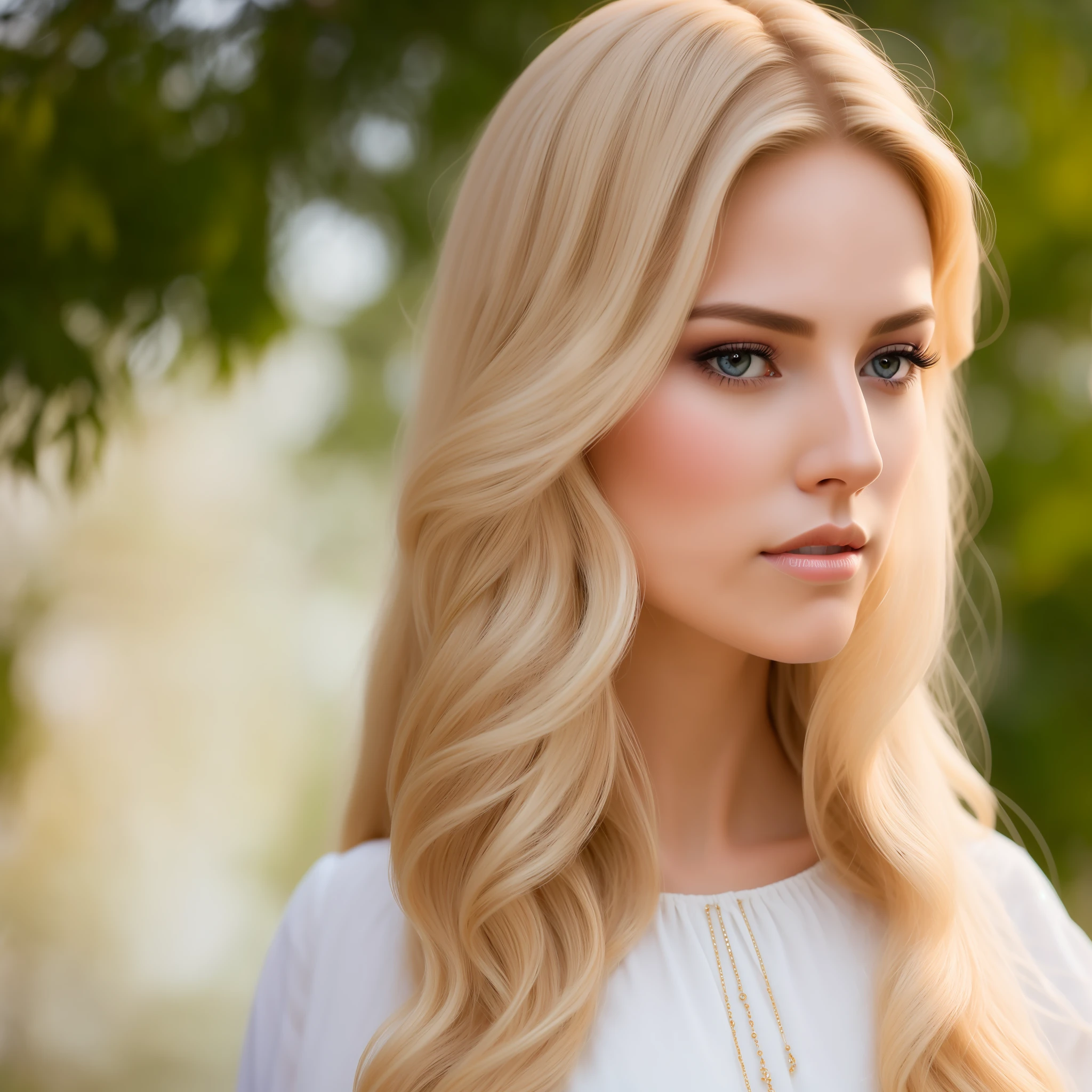 Photograph of a blonde woman with natural skin, long and voluminous hair, sharp eyes, a thin and upturned nose, shapely lips, and an hourglass figure, wearing typical clothes and makeup. It must be intricately maximalist-detailed, vibrant, epic, smooth, cinematic, HD, backlit, and have a shallow depth of field.