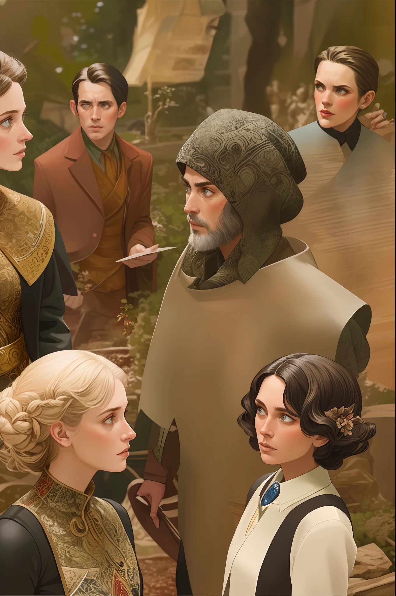 masterpiece, best quality, hyper detailed gouache portrait of a gorgeous woman speaking with other people, group conversation, character art portrait, detailed character portrait, epic scene illustration, graphic novel scene, dramatic tense scene