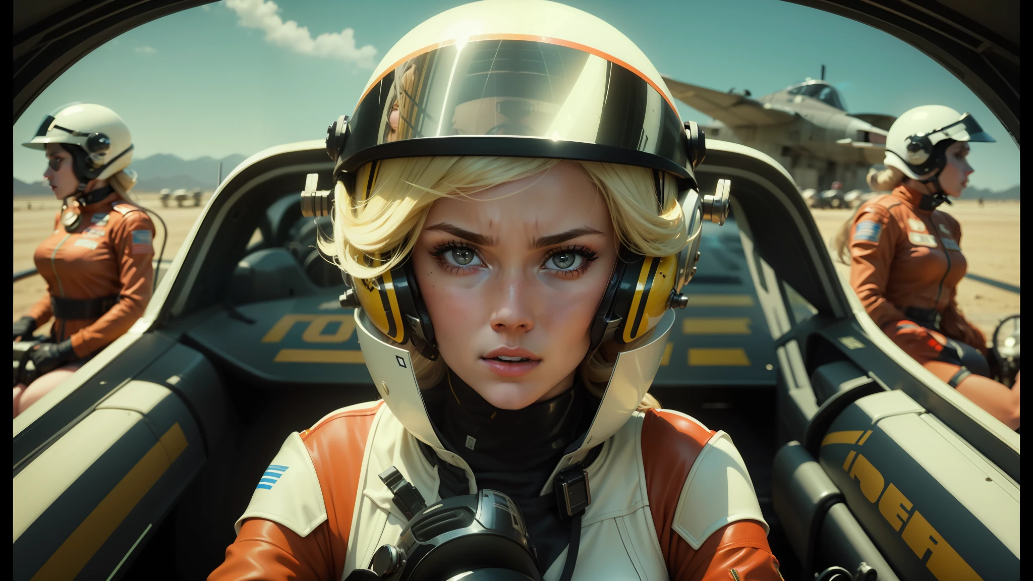 a close up of a woman in a helmet and a helmet on, 2 0 2 1 cinematic 4 k framegrab, barbarella, by Anna Katharina Block, fighter pilot in the cockpit, moody : : wes anderson, retro photography, furious gorgeous woman, sixties, faster, awarded on cgsociety, pompadour, nascar, 2015 cinematography