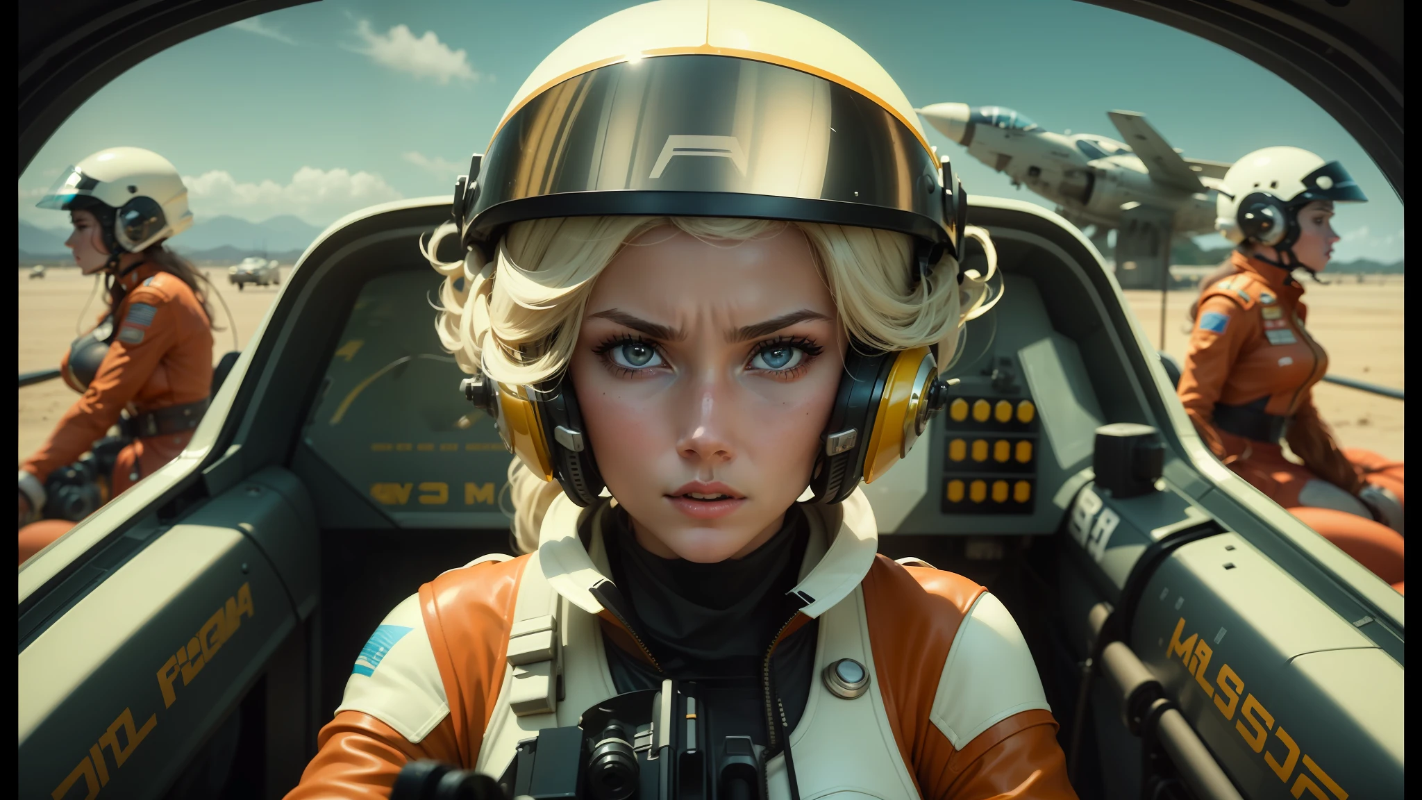 a close up of a woman in a helmet and a helmet on, 2 0 2 1 cinematic 4 k framegrab, barbarella, by Anna Katharina Block, fighter pilot in the cockpit, moody : : wes anderson, retro photography, furious gorgeous woman, sixties, faster, awarded on cgsociety, pompadour, nascar, 2015 cinematography