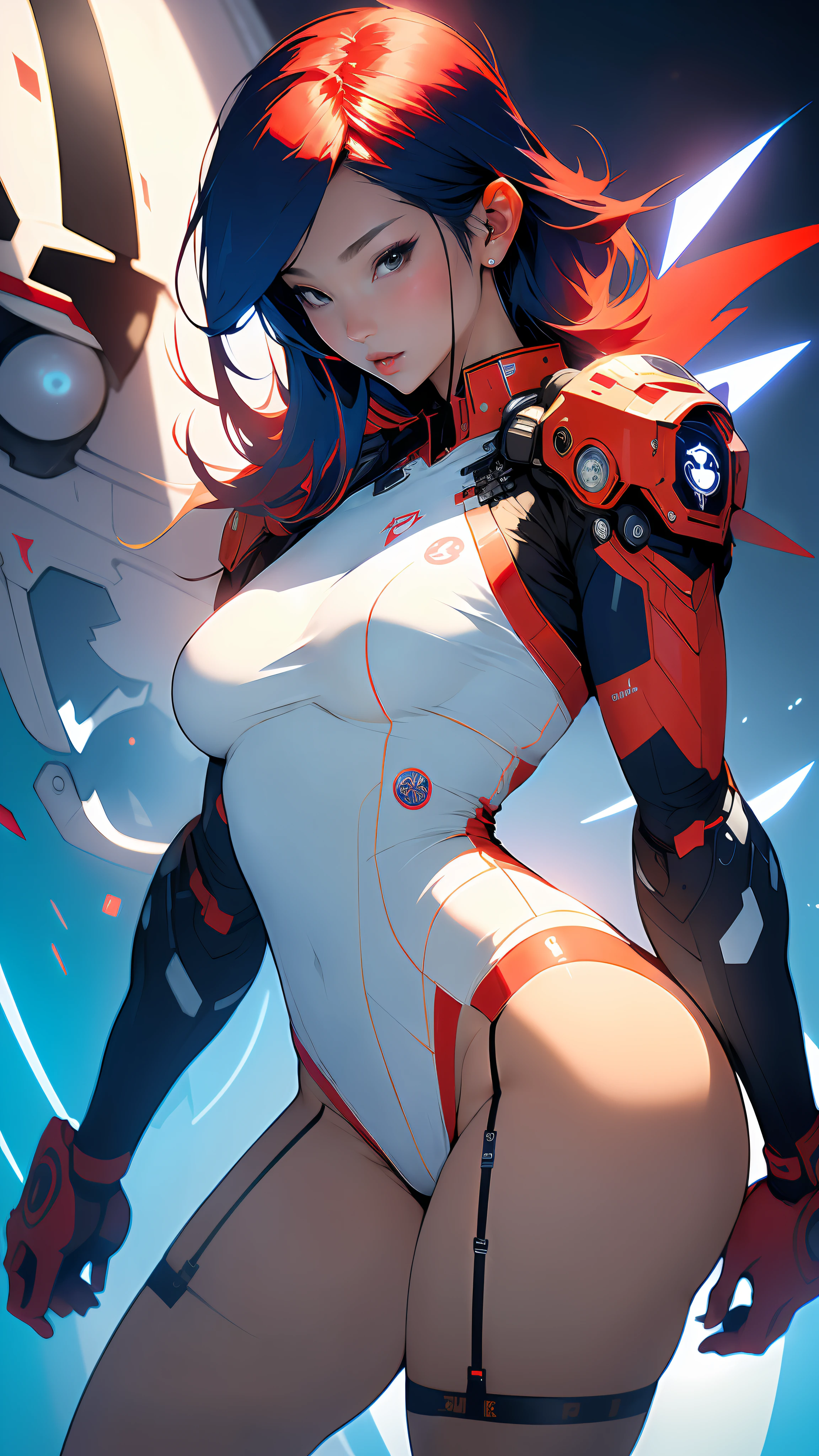 ((Best quality)), ((masterpiece)), (detailed: 1.4), Absurd, Korean woman fighter pilot ready for war, muscular body defined, half-thick bare thighs, mouth closed, only in panties, muscular body parts covered by traditional Korean but technological clothing, (((medium breasts)) perfect, generous neckline, ((white outfit with a red and blue yin-yang)), Korea, pastel, short straight black Chanel hair with red locks and heavy bangs covering the entire forehead,  a robotic arm, oriental eyes pulled, short underwear, garter belt, by mucha, niji --V5, close to real, best quality, almost naked, psychopath, crazy face, sexy pose, 2 piece clothing, lightning bolt designs on the arms, cyberpunk, airplane wings on the back, oriental flame shoulder pad, red and blue white clothing symbol of Korea, pointed shoulder pads,  Pupilless Pulled Black Eyes, HDR (High Dynamic Range),Ray Tracing,NVIDIA RTX,Super-Resolution,Unreal 5,Subsurface Dispersion, PBR Texture, Post-processing, Anisotropic Filtering, Depth of Field, Maximum Clarity and Sharpness, Multilayer Textures, Albedo and Specular Maps, Surface Shading, Accurate Simulation of Light-Material Interaction, Perfect Proportions, Octane Render, Two-Tone Lighting, Wide Aperture, Low ISO,  White balance, Rule of thirds, 8K