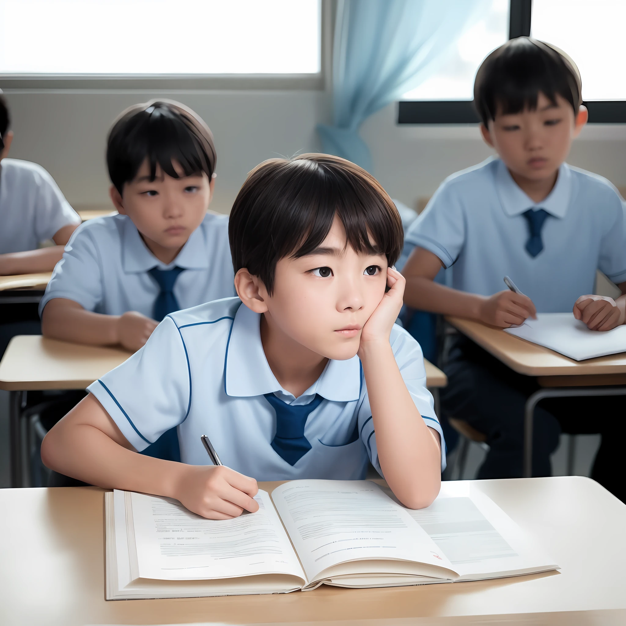 During an exam, a student (1boy) sitting in a classroom, surrounded by other students, wearing school uniform,(desk lamp adds a slightly blue cast:0.9), (window light that illuminates the left side:white balance increased slightly),slight shadow on the right side,somber and quiet mood, no distractions, no electronics,no texture and detail on desks and chairs,depth of field