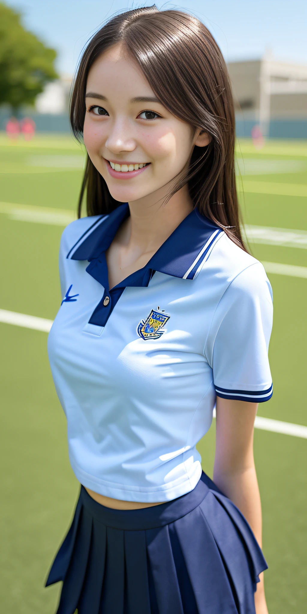 neat college girl, petite, (school uniform, summer clothes, short sleeves), outside the athletic field, (slim), photorealistic, detail, skin texture, ultra detail, delicate sexy collarbone, smile, super detailed face, detailed lips, detailed eyes, breast enhancement, waist thin