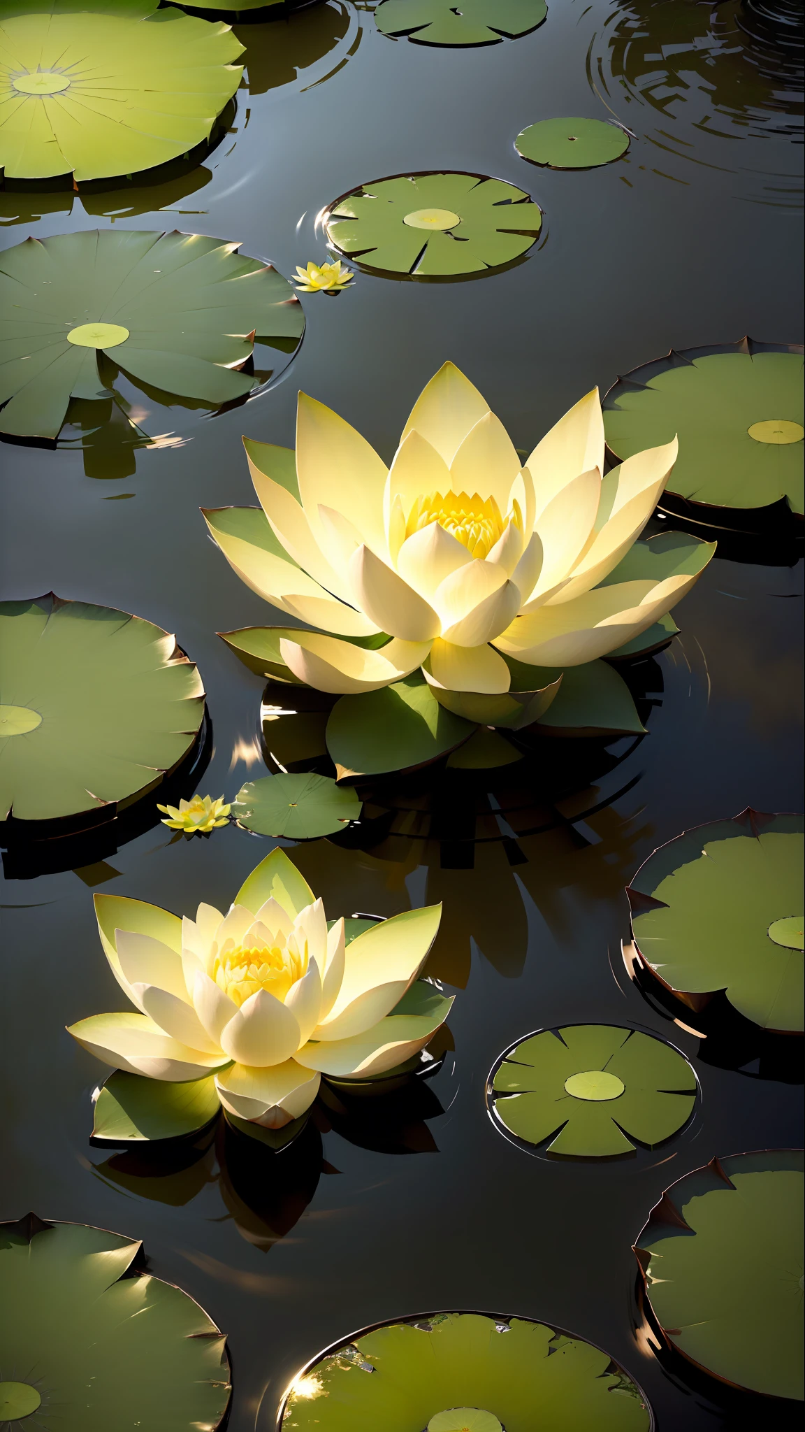 Masterpiece, exquisite, deep in the lotus pond, (colorful, vivid, sunny, cool light: 1.2) lotus leaves in the pond, night, empty