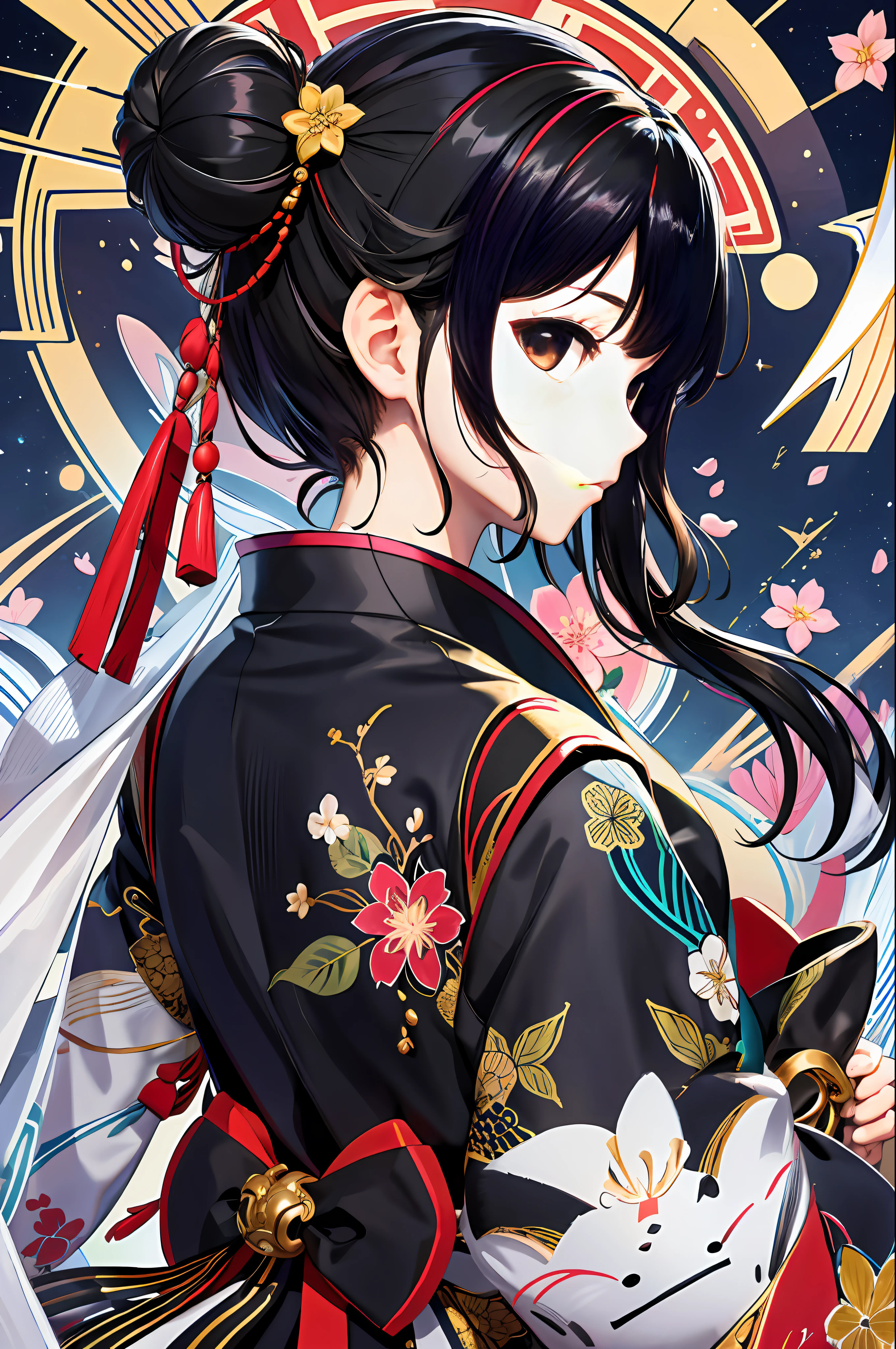 ((masterpiece,best quality)),2girls, black kimono, black legwear, black ribbon, black hair, cherry blossoms, day, flower, hair bun, hair ribbon, japanese clothes, kimono, long hair, looking at viewer, looking back ，多个女孩，腰带，户外，红眼睛，红头发，缎带，凉鞋，单人发髻，楼梯，站立，雕像，鸟居，树，白色和服，黄色眼睛