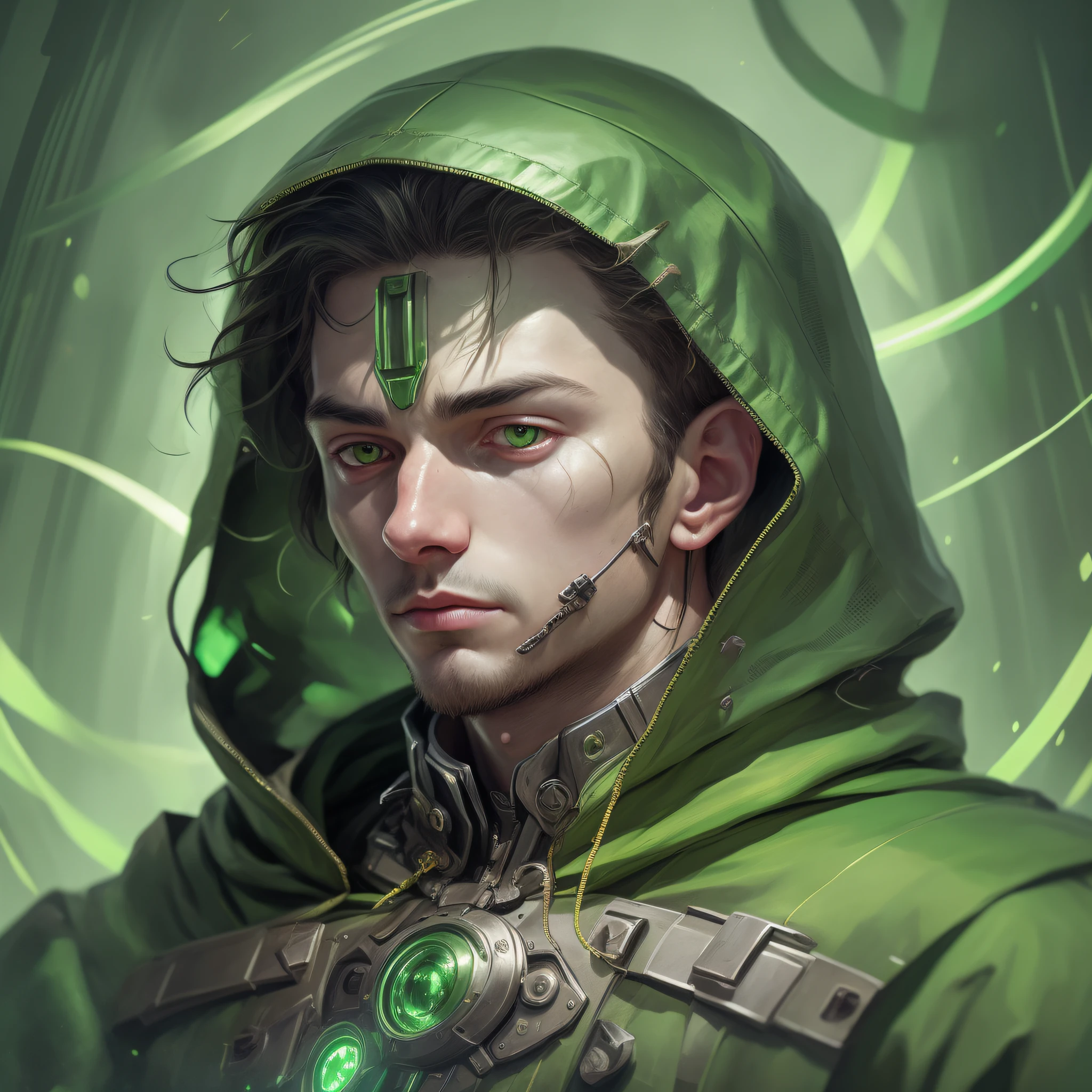 a close up of a man in a green hoodedie with a green light on his face, wojtek fus, ross tran 8 k, by ruan jia and stanley artgerm, stanley artgerm lau, artgerm jsc, a portrait of a male elf, portrait of a young elf wizard, artgerm and ilya kushinov