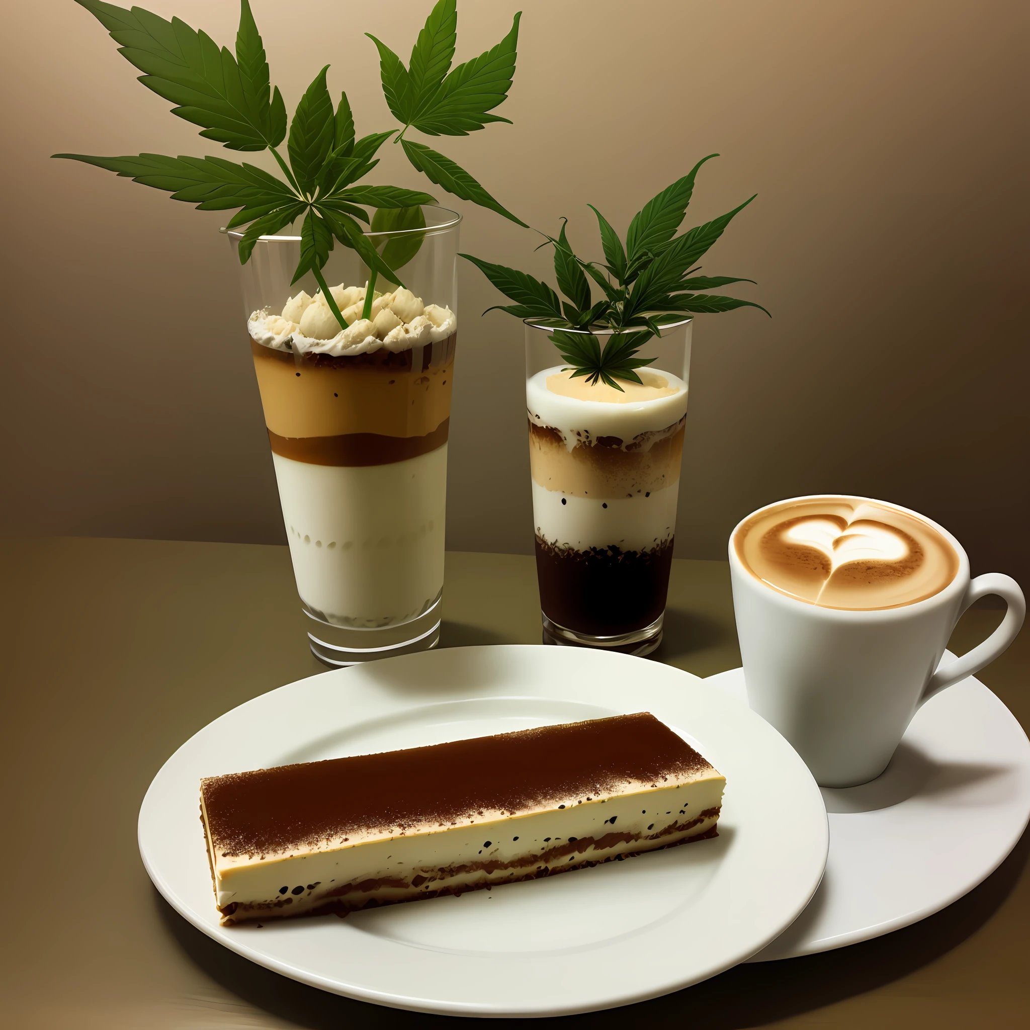 cannabis leaves, tiramisu, coffee,