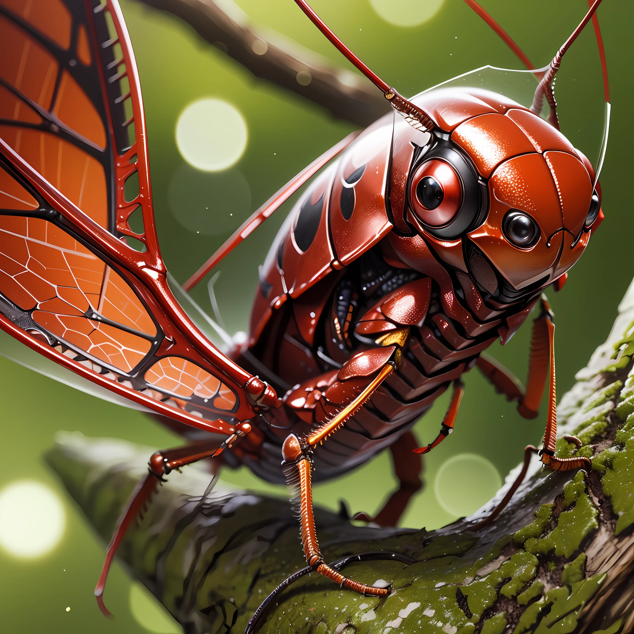 Close-up of a red cicada with clear details and high-definition hyper-realistic CG