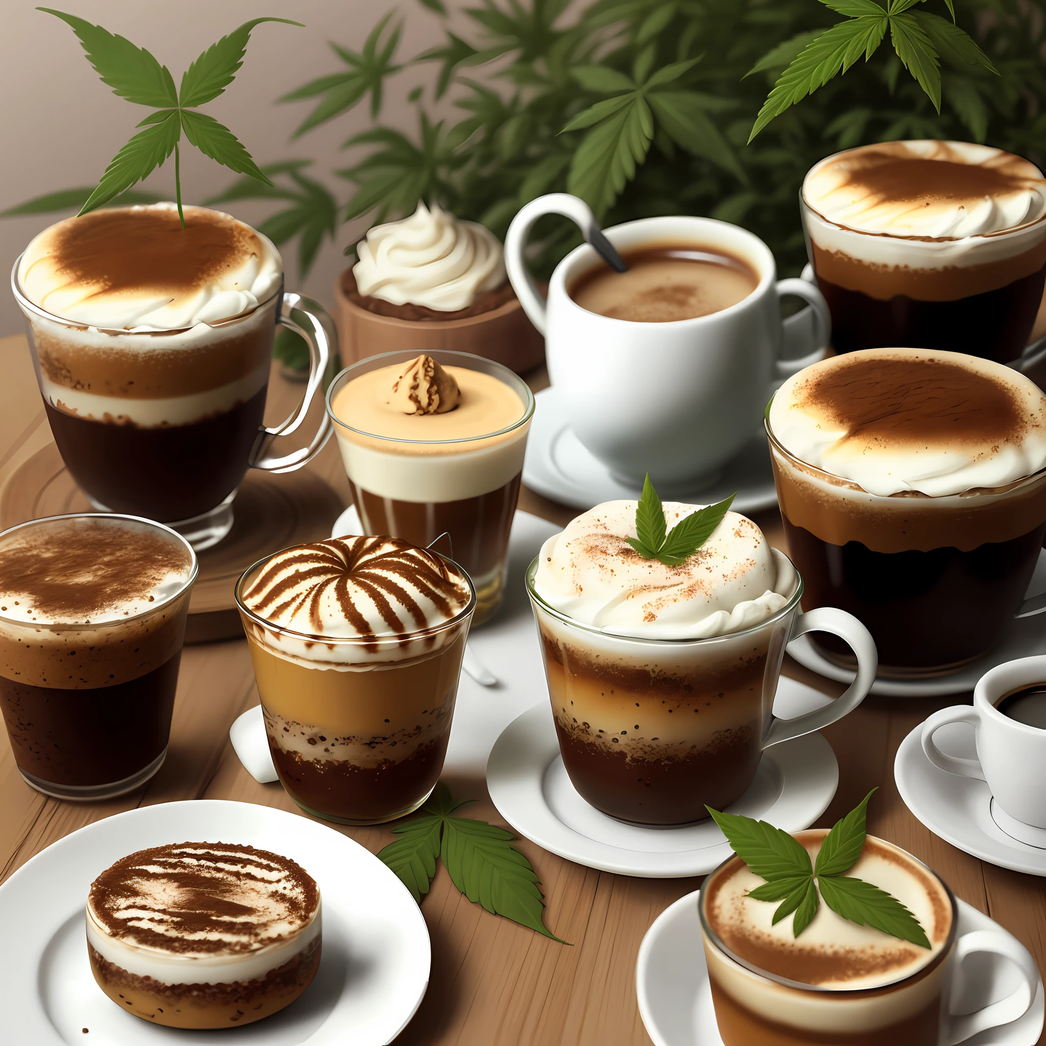 cannabis leaves, tiramisu, coffee,