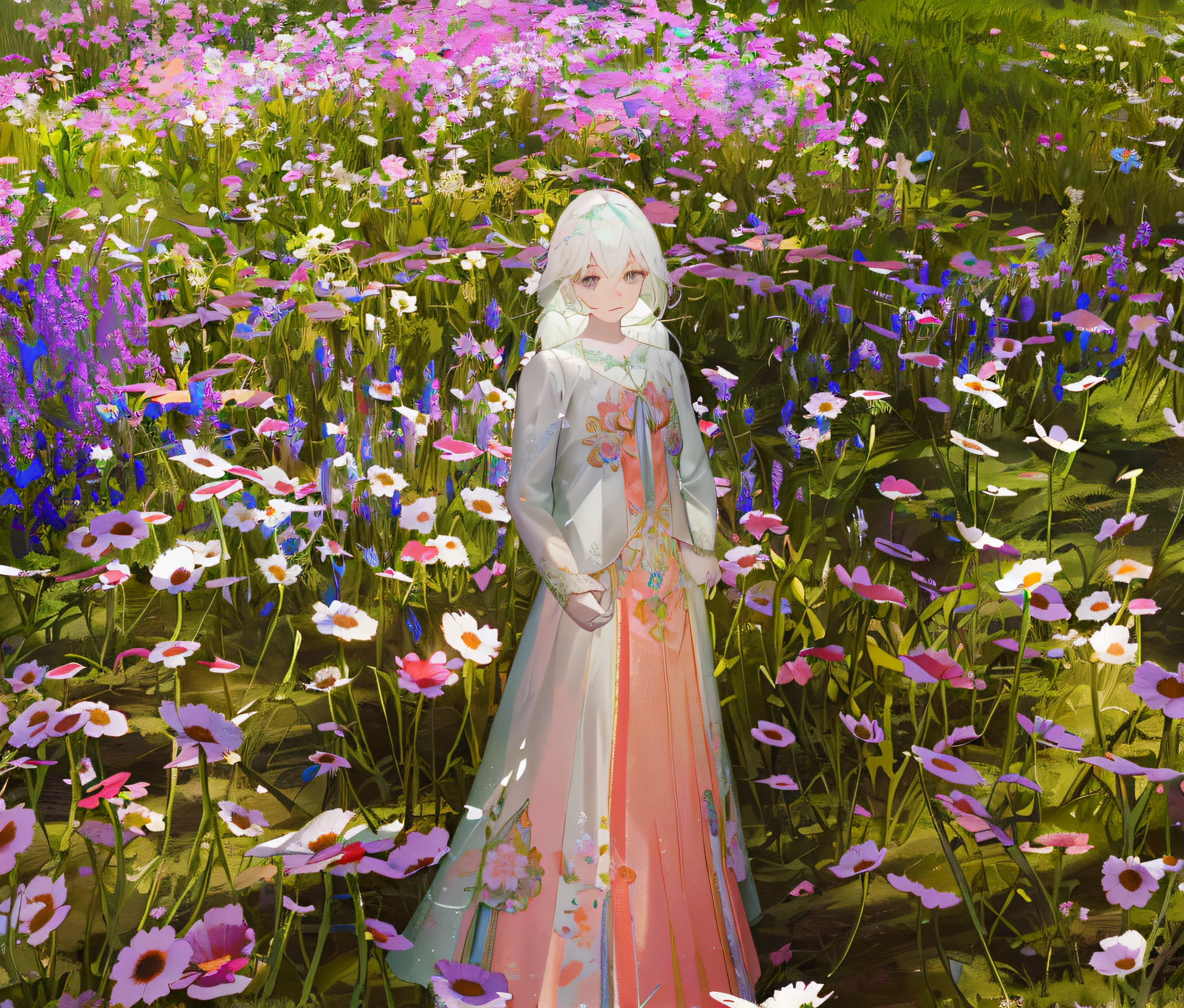 there is a woman in a dress standing in a field of flowers, a goddess in a field of flowers, in a field of flowers, standing in a flower field, standing in flower field, with frozen flowers around her, sitting in a field of flowers, in a field with flowers, lost in a dreamy fairy landscape, in pink forest, an aesthetic field of flowers