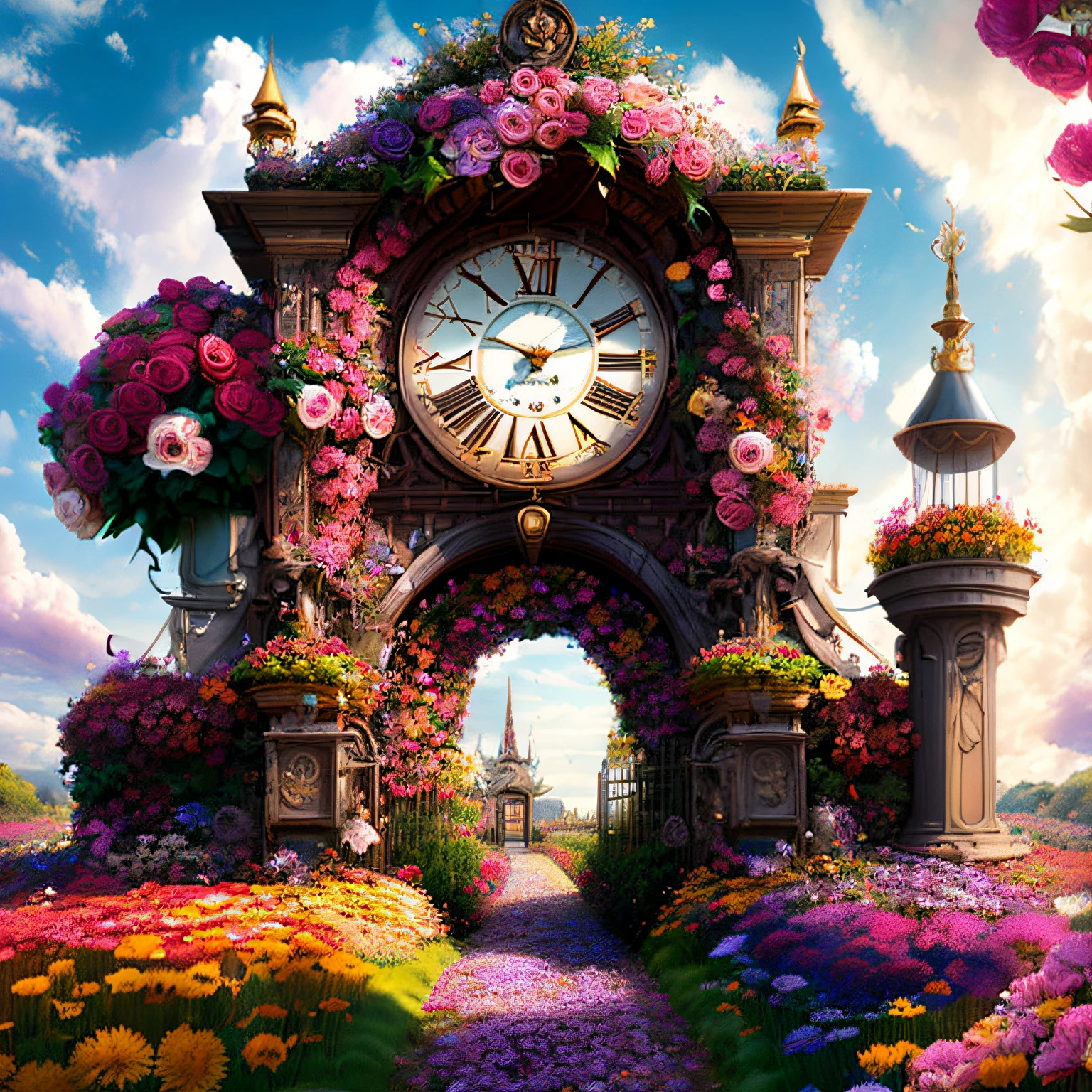 photo (FlowerGateway style:1) a giant clock tower in the middle of a flower garden