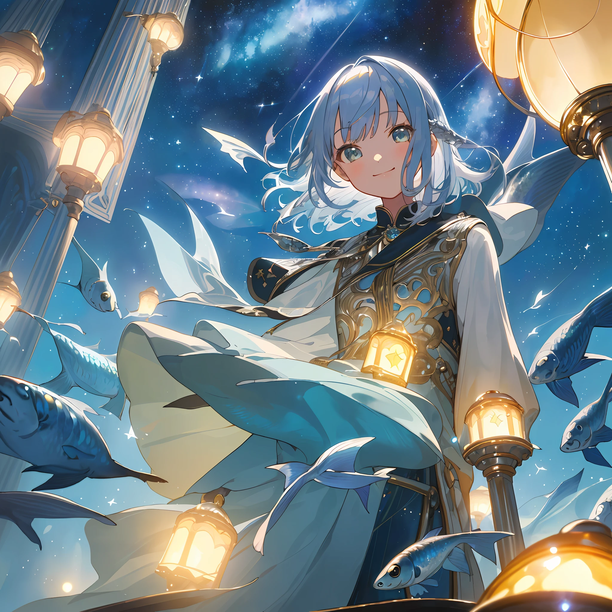 ((masterpiece, top quality, illustration, elaborate detail), one girl, smile, fantasy, silver hair, inner color, sparkling hair, lamp, night, starry sky, depth of field, outdoor, medium hair, fish swimming in the sky