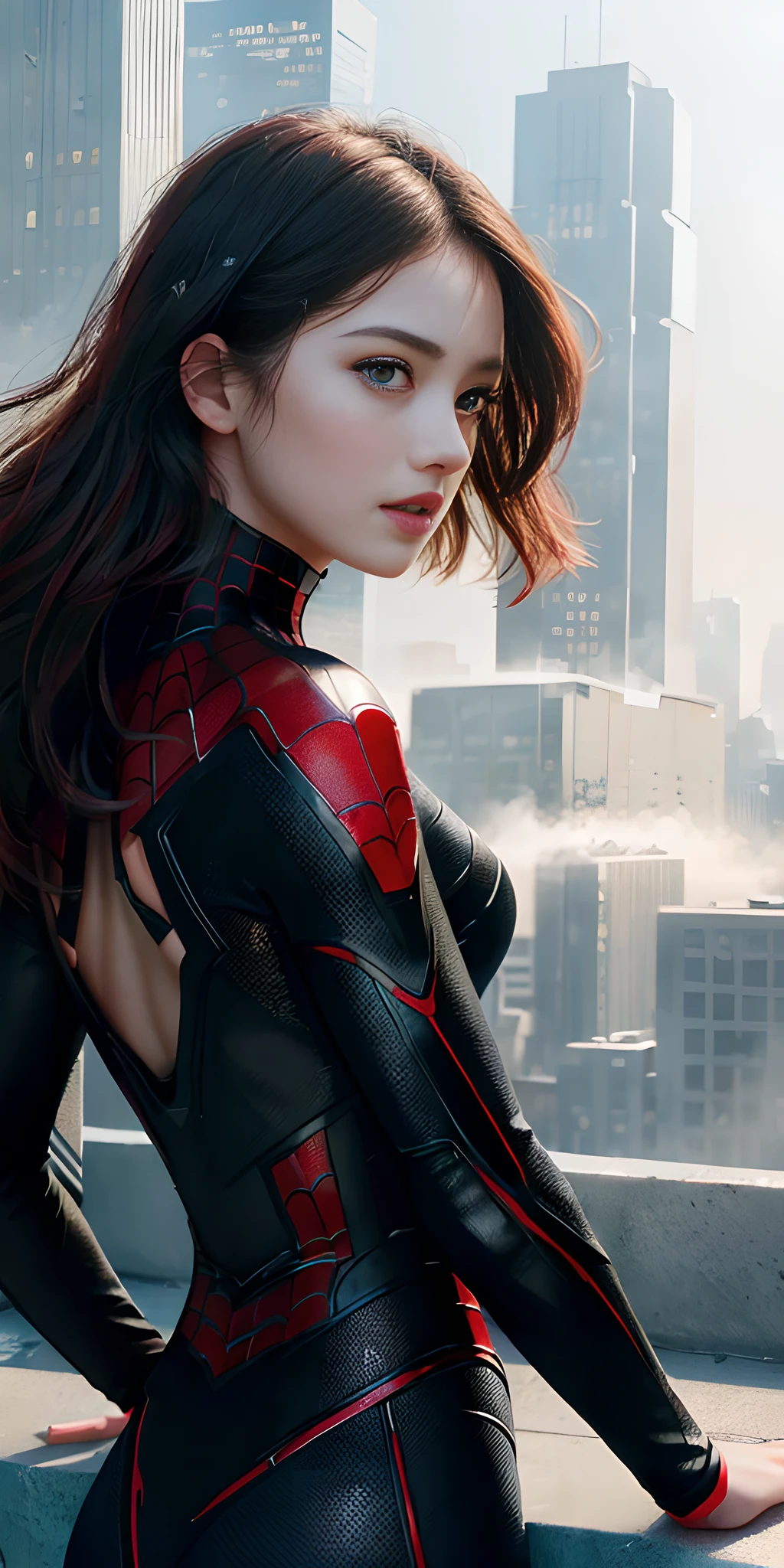 (1girl:1.3), Solo, (((Very detailed face)))), ((Very detailed eyes and face)))), Beautiful detail eyes, Body parts__, Official art, Unified 8k wallpaper, Super detailed, beautiful and beautiful, beautiful, masterpiece, best quality, original, masterpiece, super fine photo, best quality, super high resolution, realistic realism, sunlight, full body portrait, amazing beauty, dynamic pose, delicate face, vibrant eyes, (from the front), She wears Spider-Man suit, red and black color scheme, spider, very detailed city roof background, rooftop, overlooking the city, detailed face, detailed complex busy background, messy, gorgeous, milky white, highly detailed skin, realistic skin details, visible pores, clear focus, volumetric fog, 8k uhd, DSLR, high quality, film grain, fair skin, photo realism, lomography, futuristic dystopian megalopolis, translucent