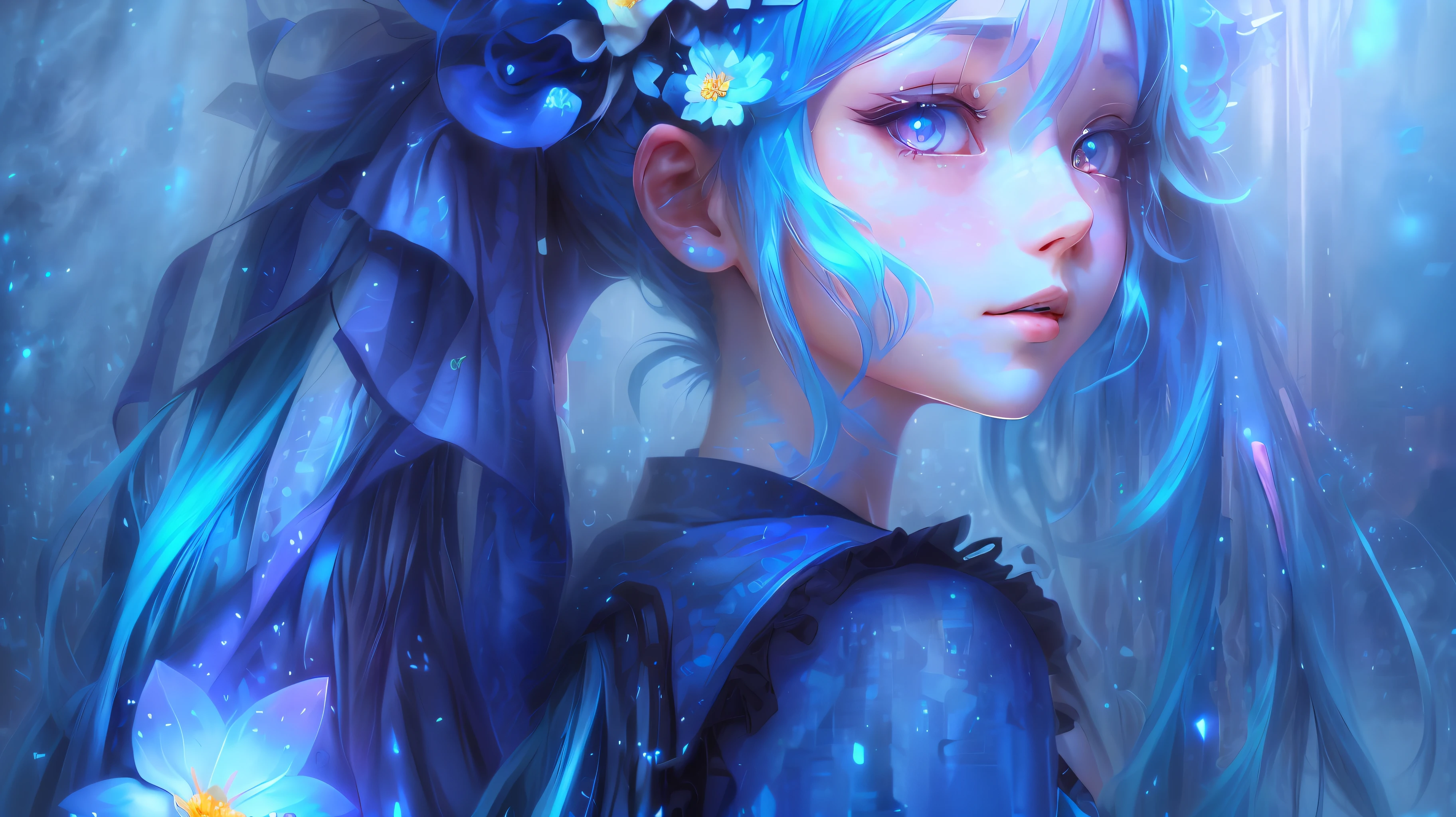 there is a girl with long blue hair and a flower in her hair, anime styled 3d, anime style. 8k, anime style 4 k, realistic anime 3 d style, 3 d anime realistic, anime styled digital art, photorealistic anime girl render, anime inspired, beautiful anime girl, hyper realistic anime, realistic anime artstyle