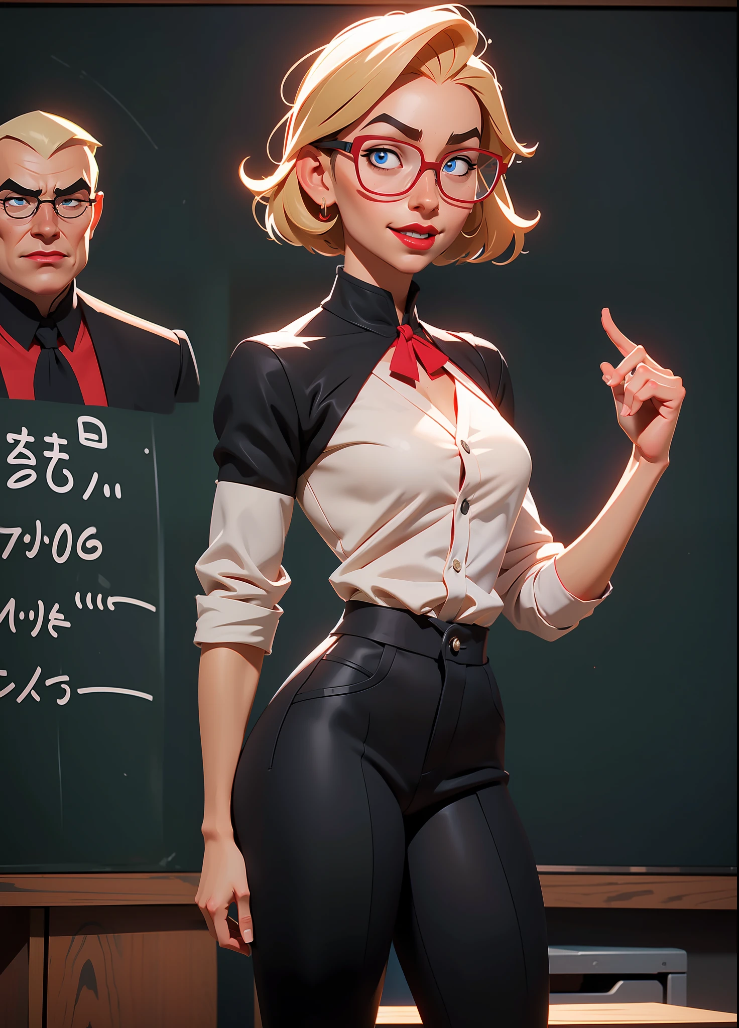 Full body picture, a female teacher and several male students, she is wearing a white shirt, short black shorts, tight-fitting clothes, big breasts, red glasses on her face, she has short blond hair with highlights, blue eyes, she is looking at the viewer, embarrassed smile, red cheeks, red lipstick on her mouth, she is standing inside a classroom full of students, with a blackboard, anime style, Anime, Mortal Kombat, Masterpiece, super detail, 16k, best quality, anatomically correct, UHD