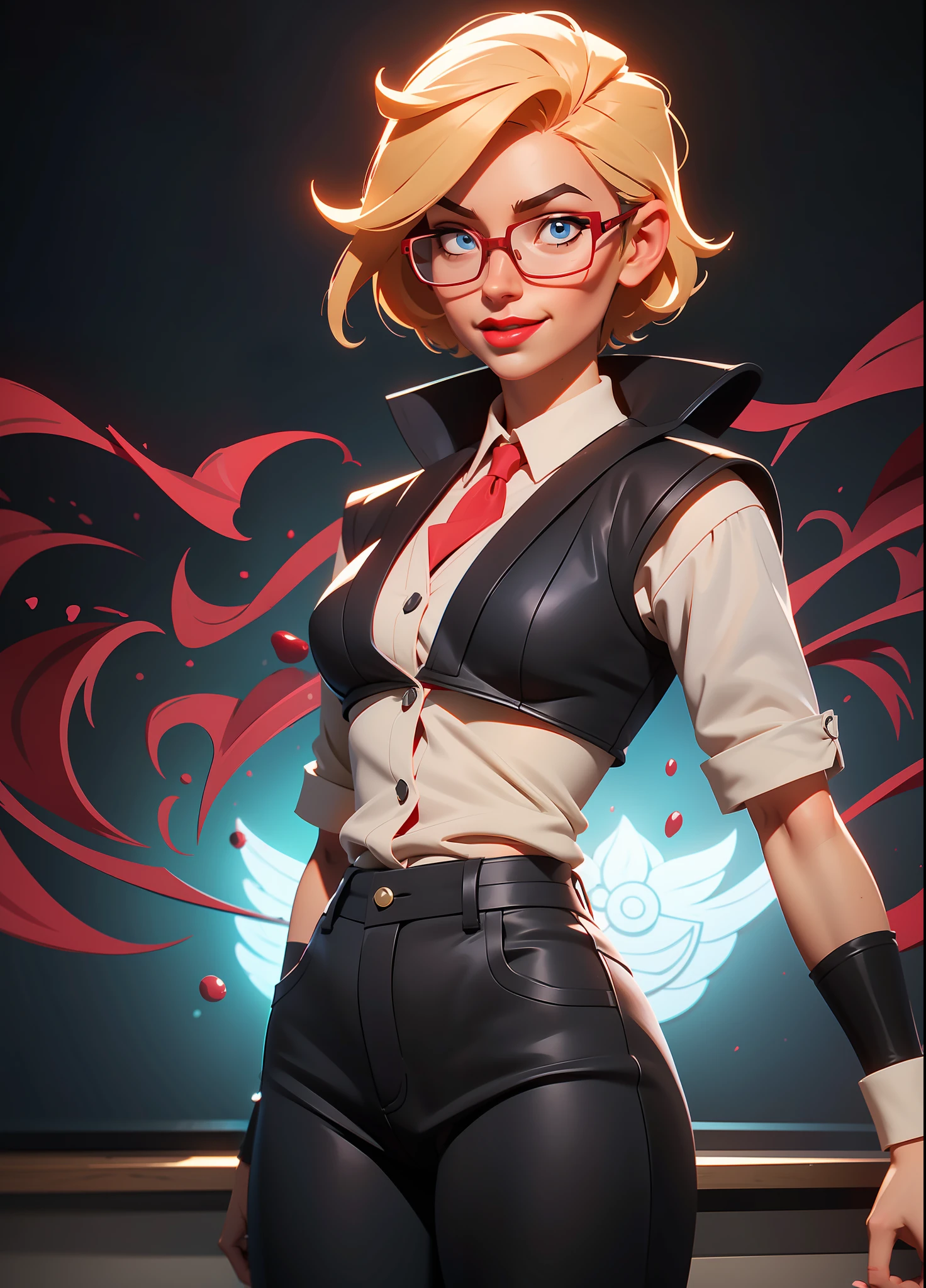 Full body picture, a female teacher and several male students, she is wearing a white shirt, short black shorts, tight-fitting clothes, big breasts, red glasses on her face, she has short blond hair with highlights, blue eyes, she is looking at the viewer, embarrassed smile, red cheeks, red lipstick on her mouth, she is standing inside a classroom full of students, with a blackboard, anime style, Anime, Mortal Kombat, Masterpiece, super detail, 16k, best quality, anatomically correct, UHD