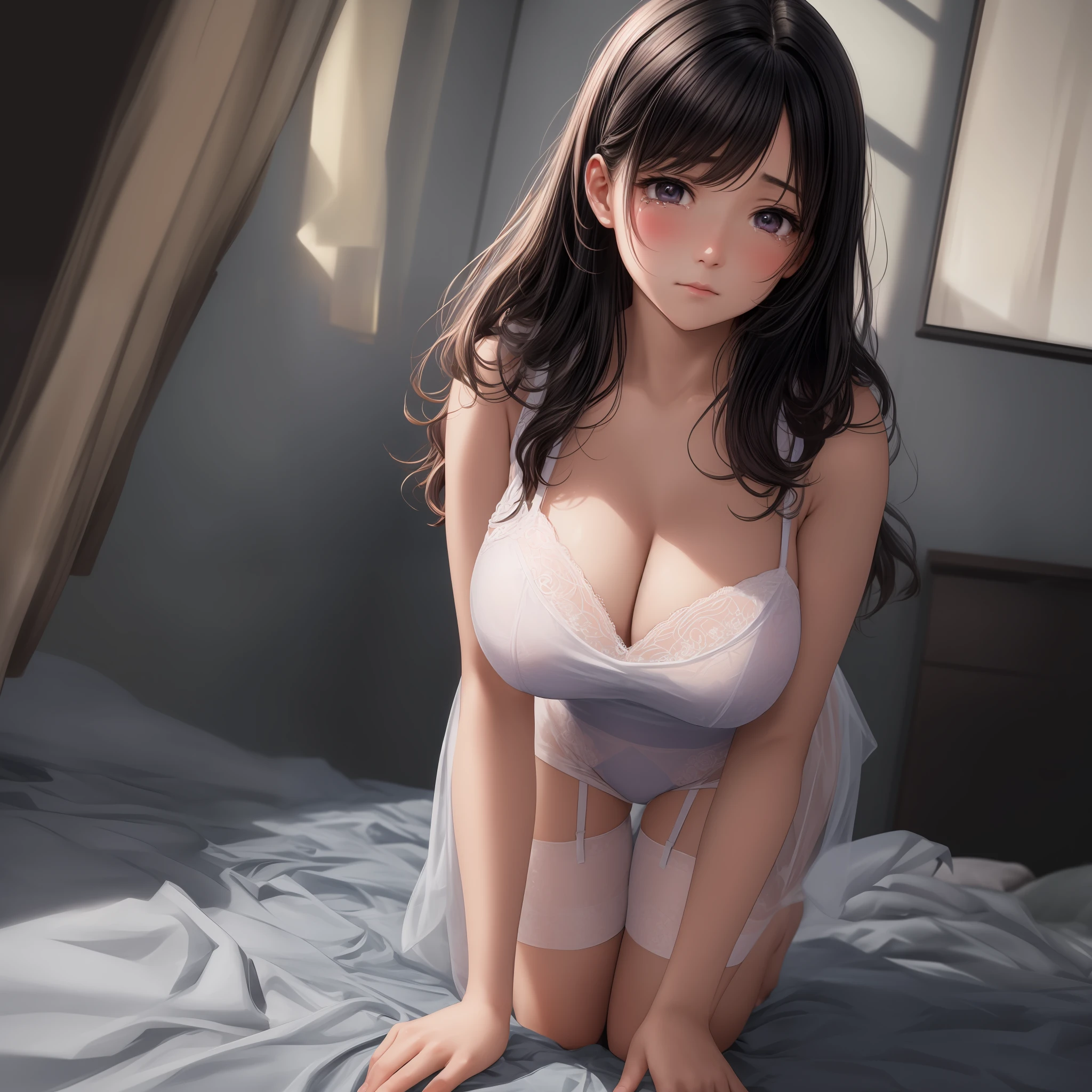 Masterpiece, solo, high detail, super detail, super high res, (photorealistic: 1.333), (highest quality), (best shadow), detailed, perfect lighting, shinny black hair, thin, missy hair, wide hips, portrait, in bedroom, see-through underwear colored pink with garter belt, , anime style, big breasted, teary eyes,　Bending forward, leaning forward, blushing and crying troubled face, Looking into the viewer,　On all fours and looking back