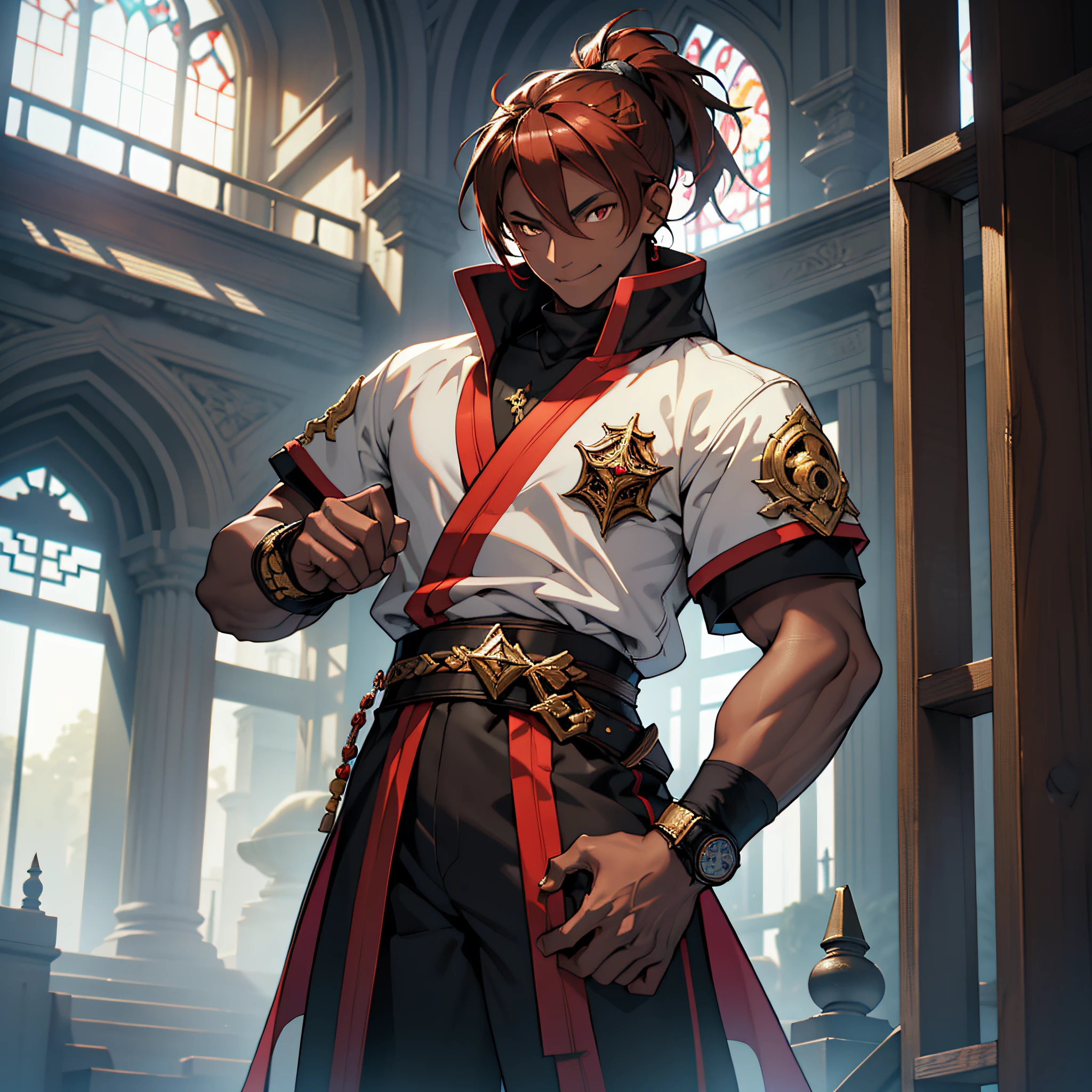 Masterpiece, Ultra detailed, great composition, fantasy, high quality, intricate details, {{{intricate hair details}}}, beautiful detailed eyes, {Anime Style}, ray tracing, perfect anatomy, {{chromatic aberration}}, absurdres, {Ragnarok Online}, {{monastary aesthetic}}, aura, {martial artist}, (martial artist training ground), (abbey), (martial artist temple), light rays, detailed hair, ornate clothing, [fine skin details], textile shading, dynamic light, dynamic angle, {{Extremely detailed eyes}}, (gentle smile), (justice-minded), (heroic), (hands on hips), ((((solo)))), short hair, ((red hair)), ((small ponytail)), ((((dark-skinned male)))), ((((dark skin)))), detailed white coat, black coat, red coat, gold trim, multicolored coat, open coat, abs, hooded coat, short sleeves, biceps, championship belt, black pants, black footwear, shoes, prayer beads, (((brown eyes))), (((((15 years old))))), toned, teen