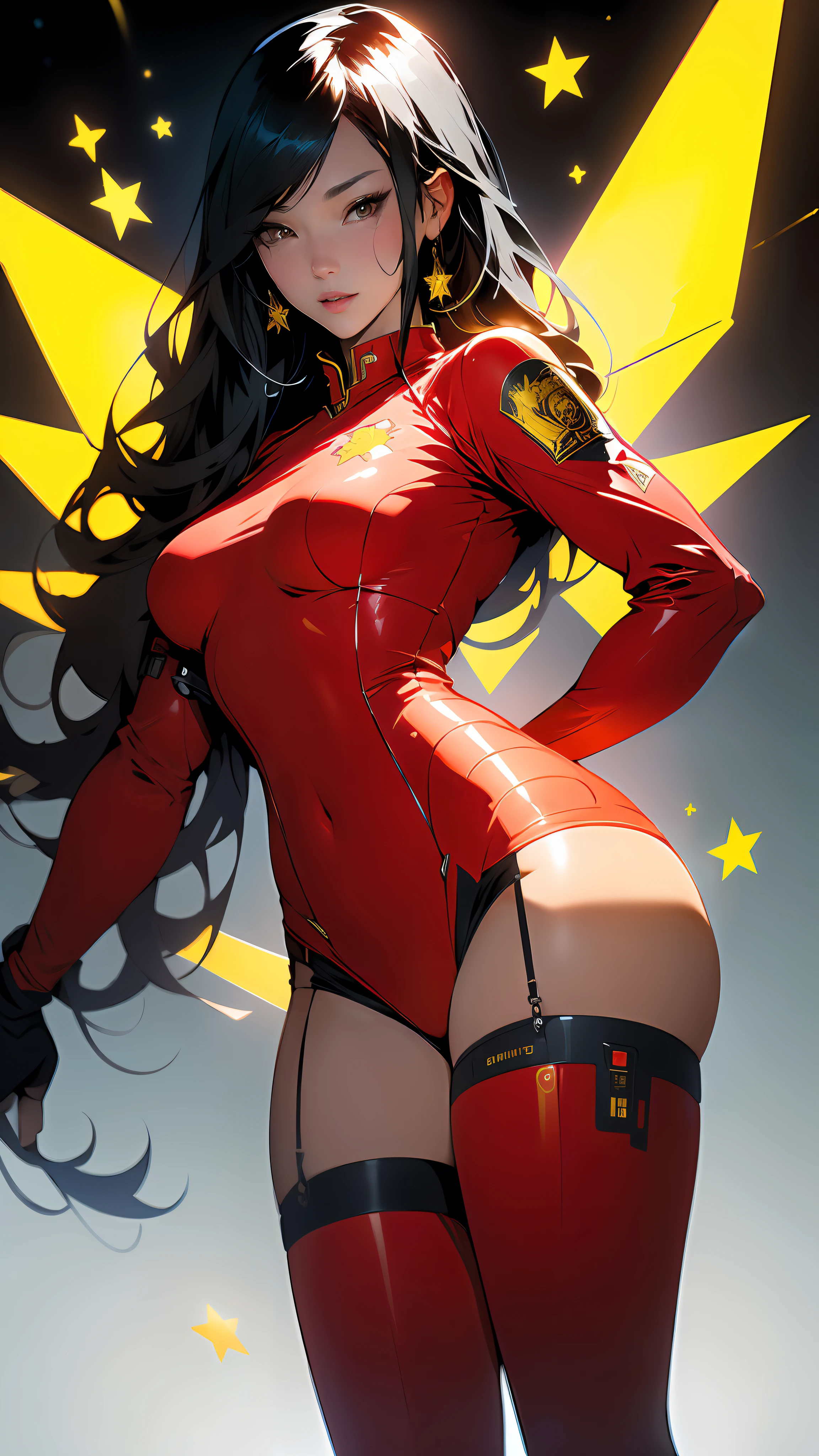 ((Best quality)), ((masterpiece)), (detailed: 1.4), Absurd, Fighter pilot Chinese woman ready for war, muscular body defined, half thick thighs , mouth closed, only panties, muscular body parts covered by technological clothing, ((()) perfect, generous neckline, ((red outfit with several yellow stars on the uniform)), China, dragon, kung Fu, pastel, long straight black hair with bangs covering one eye,  a robotic arm, oriental eyes pulled, short , garter belt, by mucha, niji --V5, close to real, best quality, , psychopath, crazy face,  pose, 2 piece clothes, dragon designs on the arms, cyberpunk, airplane wings on the back, oriental flame shoulder pad, totally red outfit with yellow 3-pointed stars, pointed shoulder pads,  Pupilless Pulled Black Eyes, HDR (High Dynamic Range),Ray Tracing,NVIDIA RTX,Super-Resolution,Unreal 5,Subsurface Dispersion, PBR Texture, Post-processing, Anisotropic Filtering, Depth of Field, Maximum Clarity and Sharpness, Multilayer Textures, Albedo and Specular Maps, Surface Shading, Accurate Simulation of Light-Material Interaction, Perfect Proportions, Octane Render, Two-Tone Lighting, Wide Aperture, Low ISO,  White balance, Rule of thirds, 8K