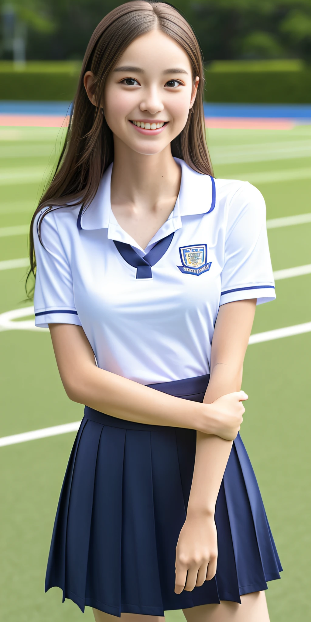 neat college girl, petite person, (school uniform, summer uniform, short sleeve), outside the athletic field, (slim), photorealistic, detail, skin texture, ultra detail, delicate sexy collarbone, smile, super detailed face, detailed lips, detailed eyes, double eyelids, breast enhancement