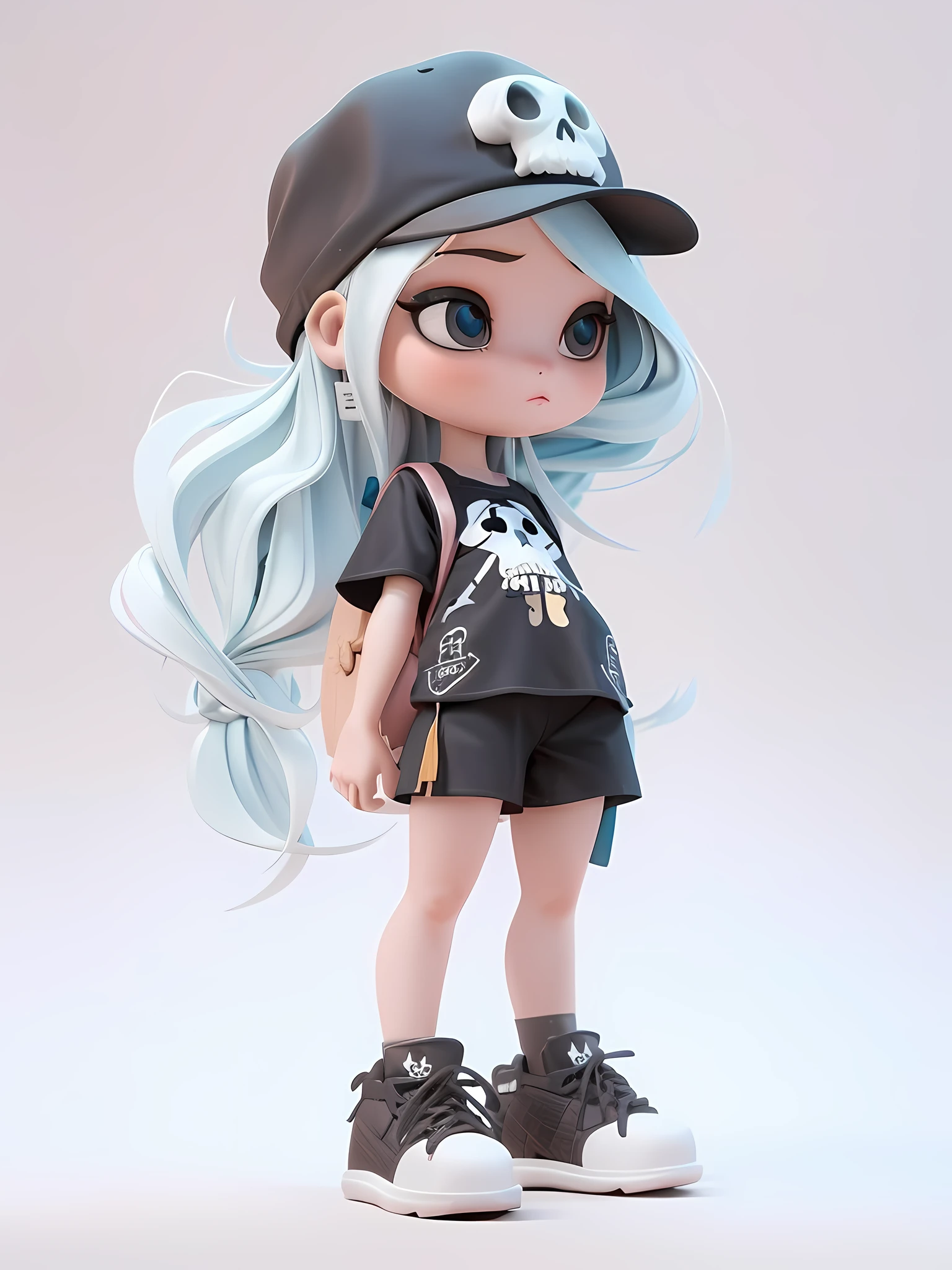 there is a doll with a hat and a backpack on a white background, anime styled 3d, render of a cute 3d anime girl, cute 3 d render, highly detailed character, 3d character, 3 d character, 3 d render stylized, 3 d character art, stylized anime, 3 d character render, 3d anime girl