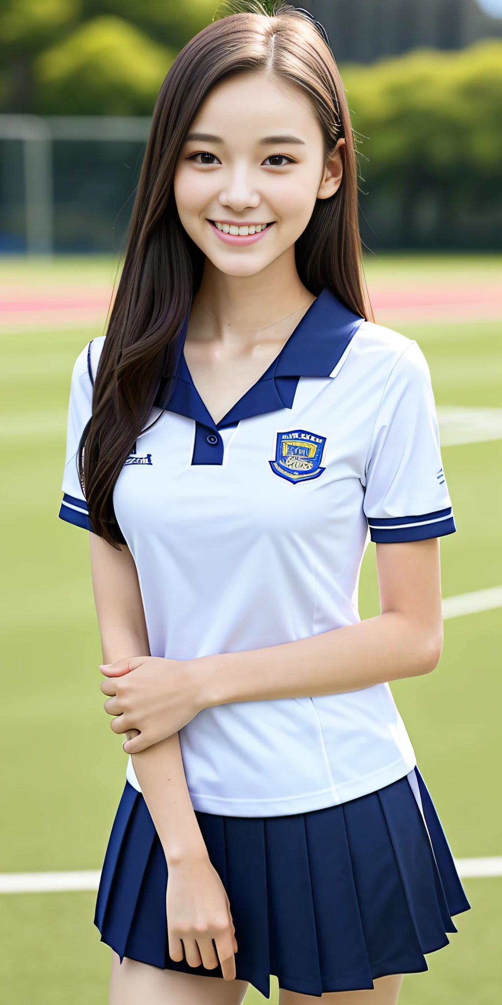 neat college girl, petite person, (school uniform, summer uniform, short sleeve), outside the athletic field, (slim), photorealistic, detail, skin texture, ultra detail, delicate sexy collarbone, smile, super detailed face, detailed lips, detailed eyes, double eyelids, breast enhancement