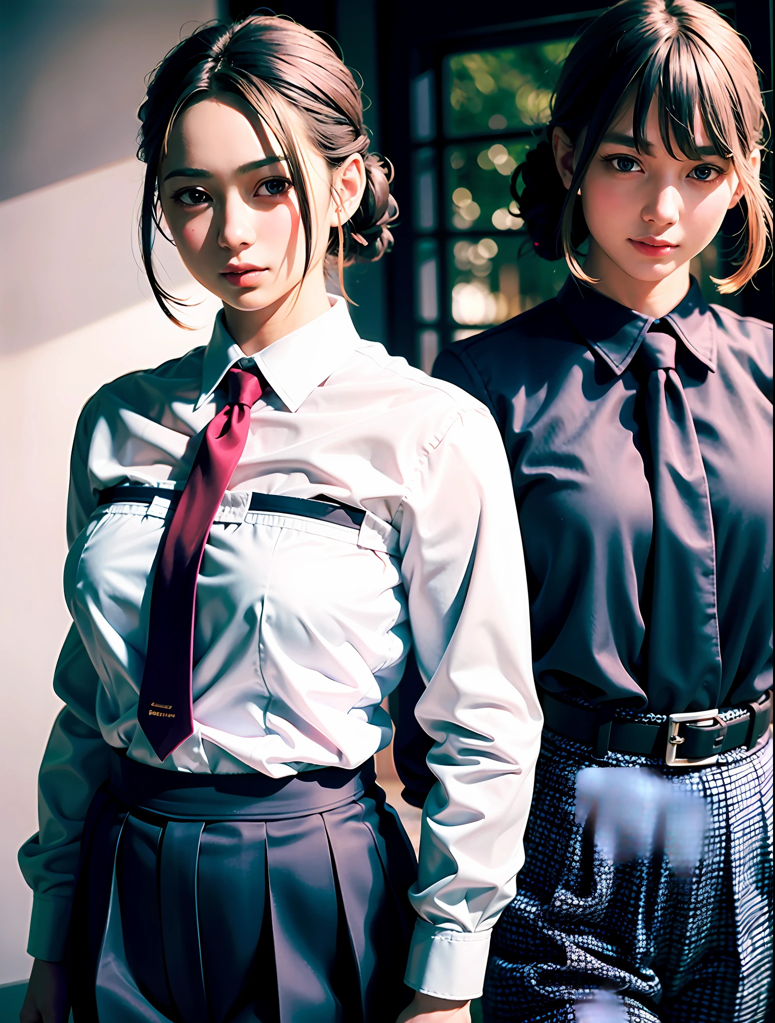 detailed shiny skin, (realistic, photo-realistic:1.4), a pretty girl, standing, looking out of window, white shirt, collared shirt, black necktie, black trousers, long sleeves, slight smile (nose blush), yellow eyes + ringed eyes, short hair + red hair + long braided hair, makima \(chainsaw man\)
