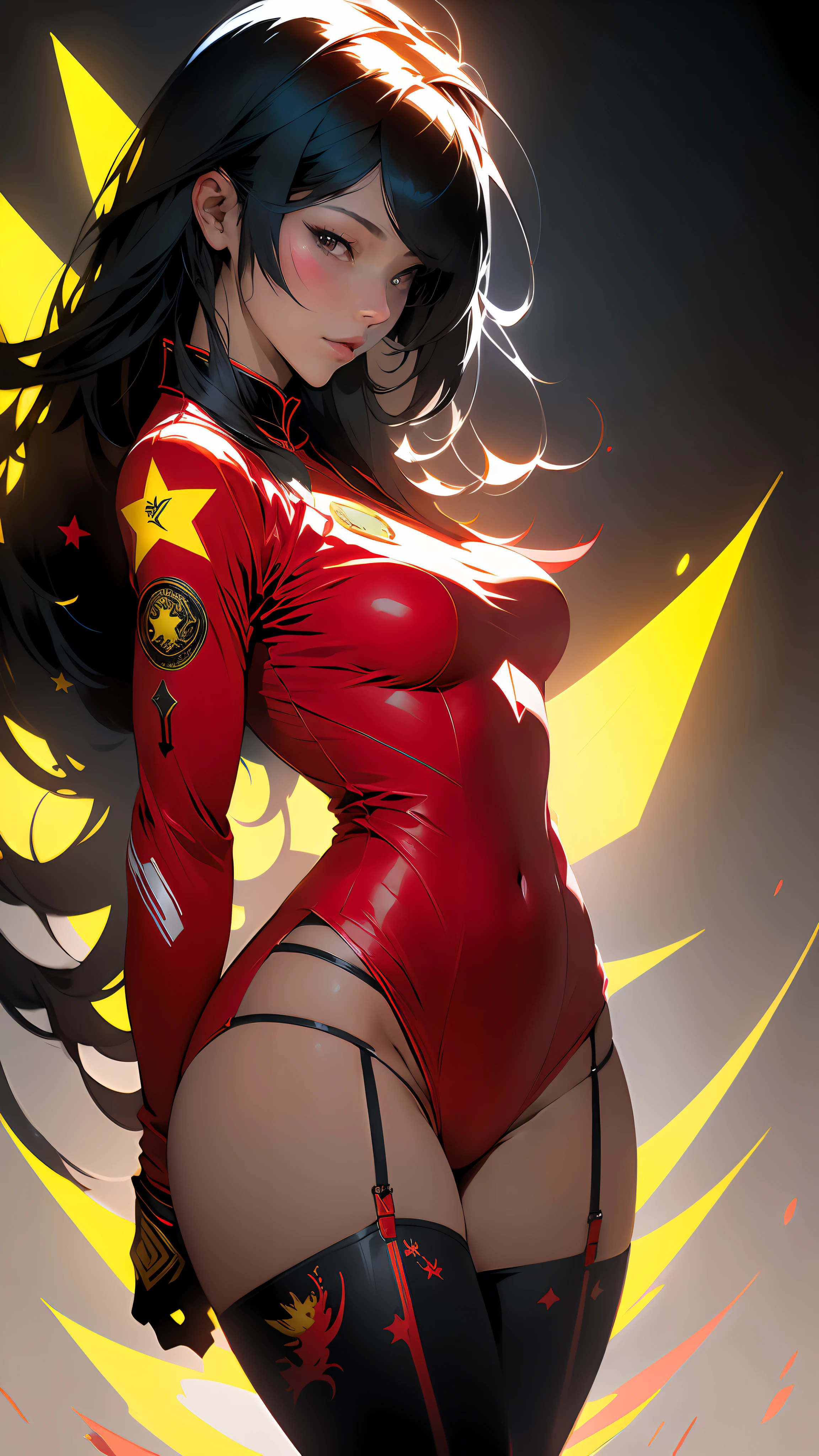 ((Best quality)), ((masterpiece)), (detailed: 1.4), Absurd, Fighter pilot Chinese woman ready for war, muscular body defined, half thick thighs bare, mouth closed, only panties, muscular body parts covered by technological clothing, (((medium breasts)) perfect, generous neckline, ((red outfit with several yellow stars on the uniform)), China, dragon, kung Fu, pastel, long straight black hair with bangs covering one eye, a robotic arm, oriental eyes pulled, short underwear, garter belt, by mucha, niji --V5, close to real, best quality, almost naked, psychopath, crazy face, sexy pose, 2 piece clothes, dragon designs on the arms, cyberpunk, airplane wings on the back, oriental flame shoulder pad, totally red outfit with yellow 3-pointed stars, pointed shoulder pads, Pupilless Pulled Black Eyes, HDR (High Dynamic Range),Ray Tracing,NVIDIA RTX,Super-Resolution,Unreal 5,Subsurface Dispersion, PBR Texture, Post-processing, Anisotropic Filtering, Depth of Field, Maximum Clarity and Sharpness, Multilayer Textures, Albedo and Specular Maps, Surface Shading, Accurate Simulation of Light-Material Interaction, Perfect Proportions, Octane Render, Two-Tone Lighting, Wide Aperture, Low ISO, White balance, Rule of thirds, 8K