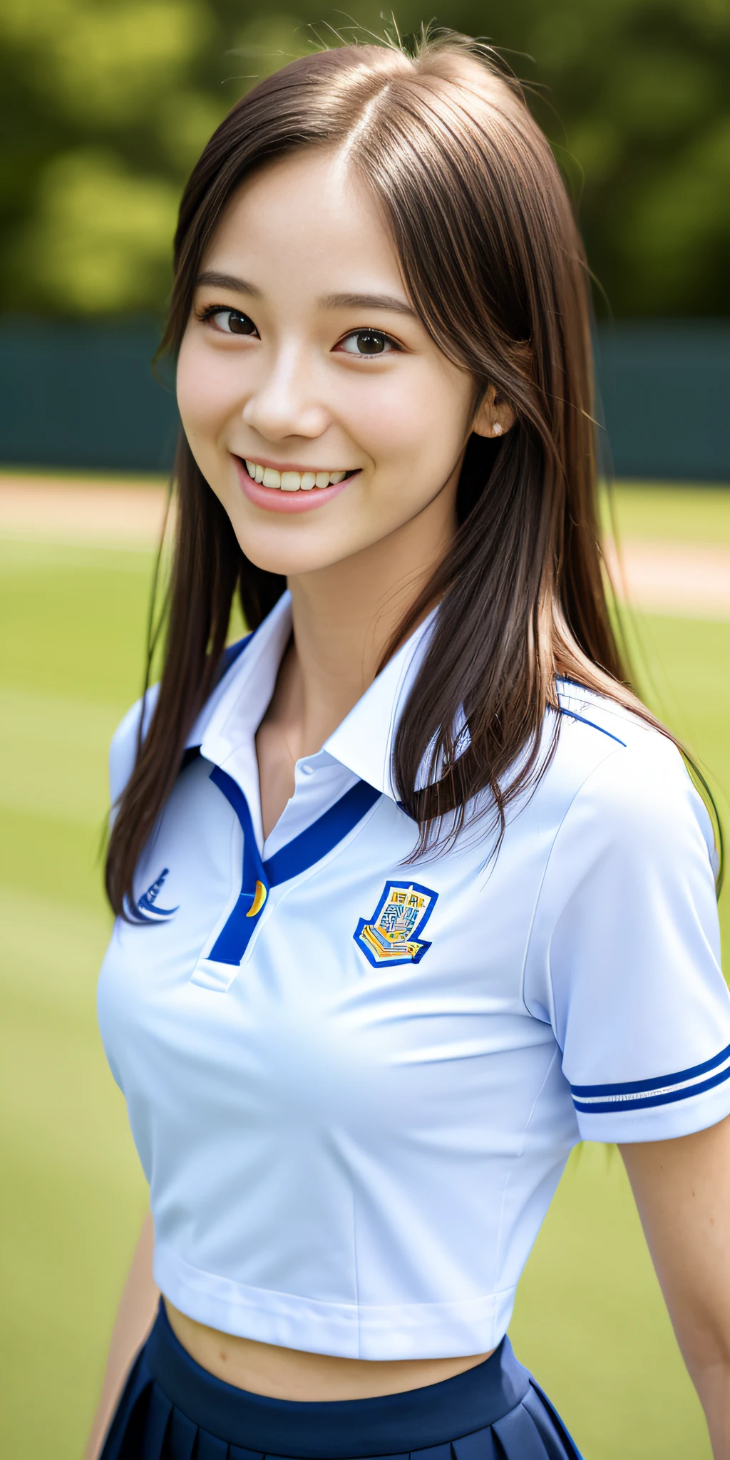 neat college girl, petite person, (school uniform, summer uniform, short sleeve), outside the athletic field, (slim), photorealistic, detail, skin texture, ultra detail, delicate sexy collarbone, smile, super detailed face, detailed lips, detailed eyes, double eyelids, breast enhancement
